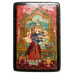 Small Lacquered Painted Box with Russian Tzar Scene on Lid - Signed