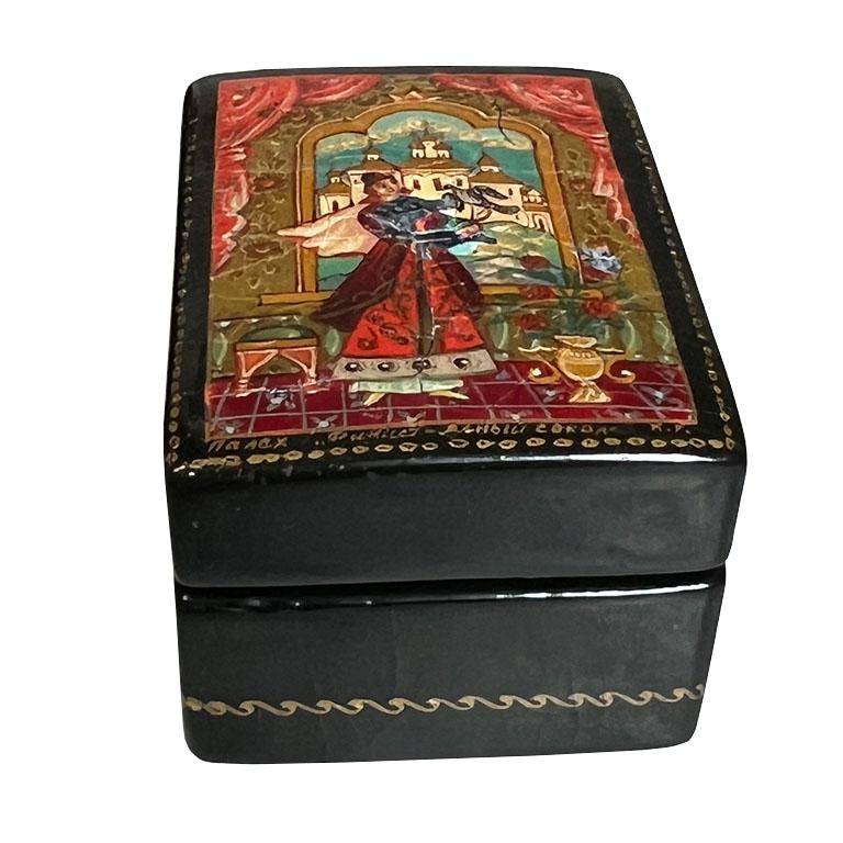 20th Century Small Lacquered Painted Box with Russian Tzar Scene on Lid - Signed For Sale