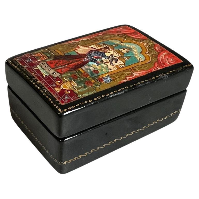 Small Lacquered Painted Box with Russian Tzar Scene on Lid - Signed