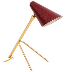 Small Lamp in Red Lacquered Metal and Gilt Brass, 1950s