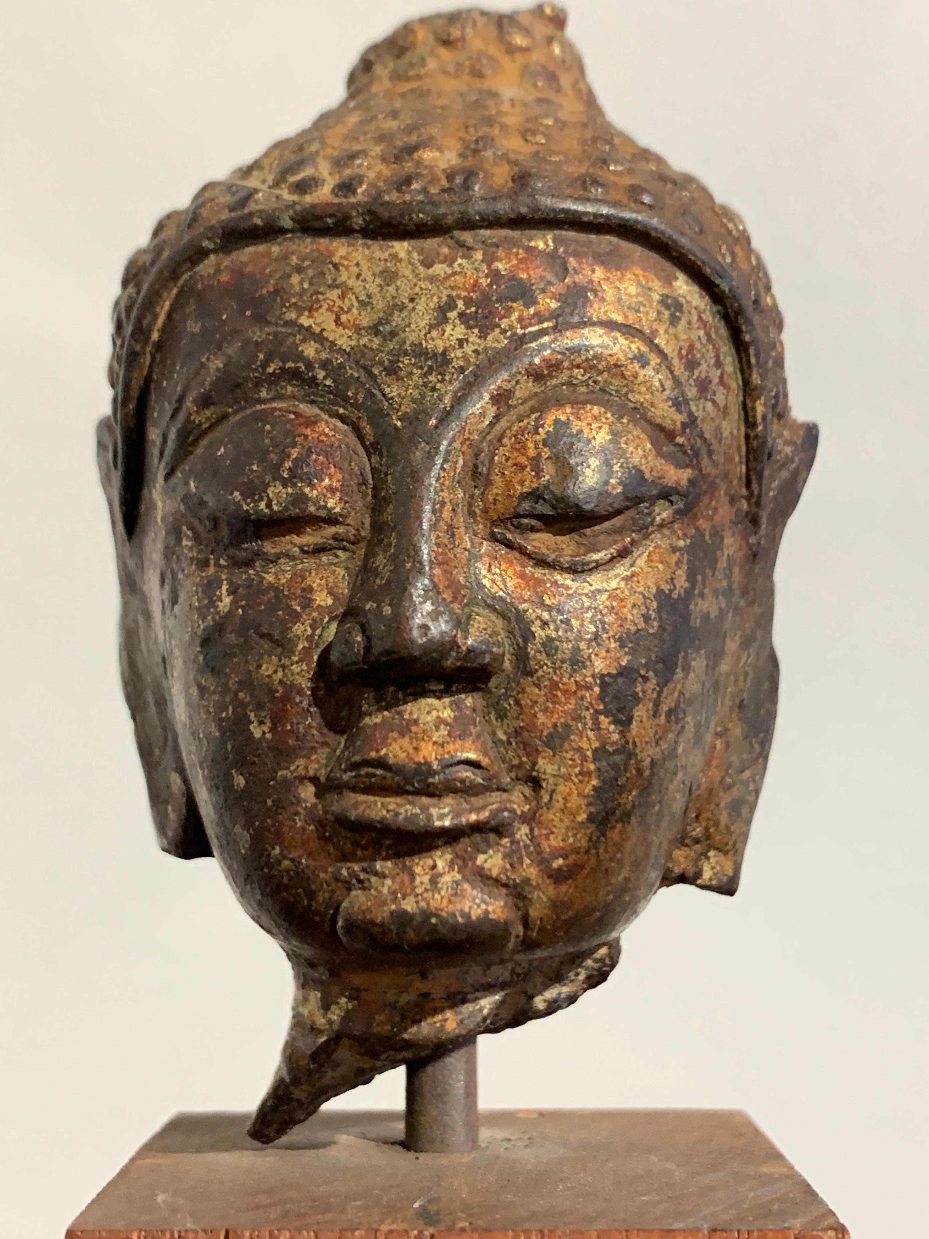 Small Lan Na Gilt Bronze Buddha Head, 15th-16th Century, Thailand In Fair Condition For Sale In Austin, TX