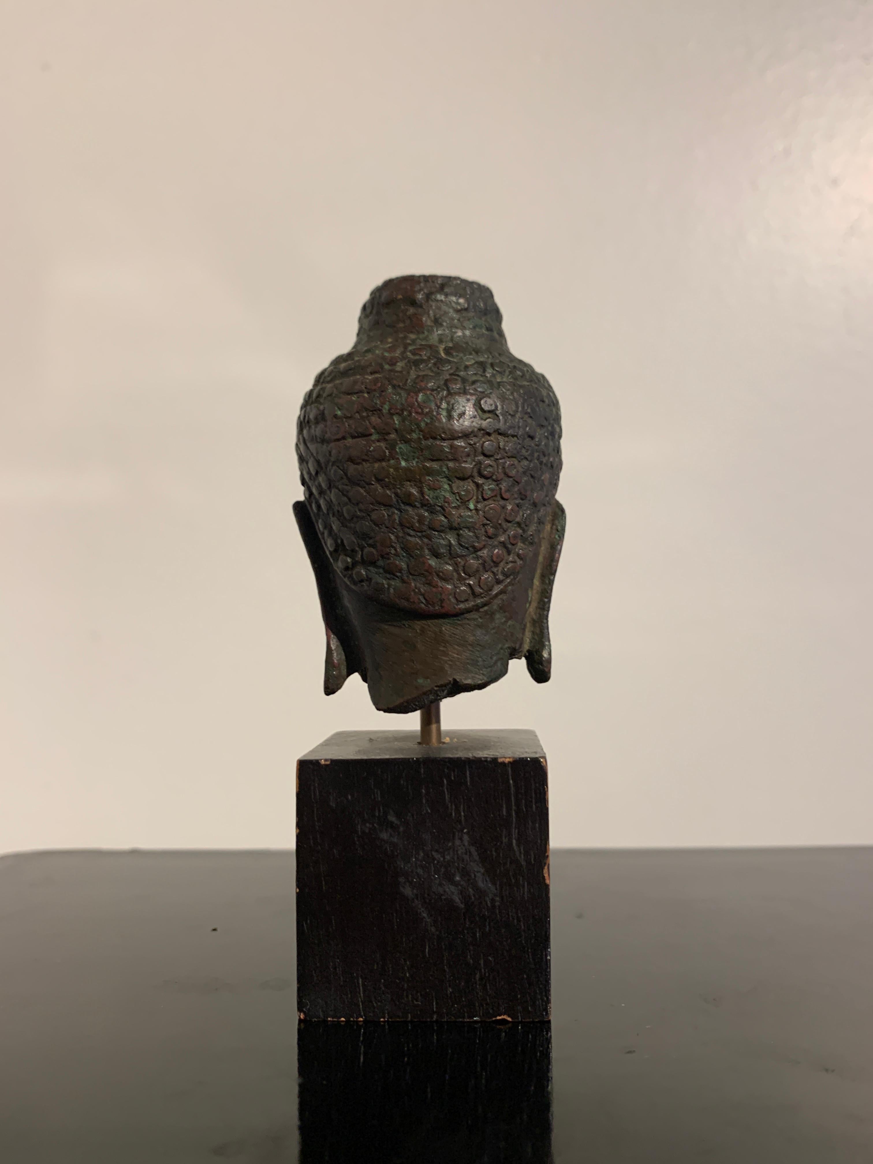 Lao Lan Xang Bronze-Buddha-Kopf aus dem 17. Jahrhundert, Laos (Gegossen) im Angebot