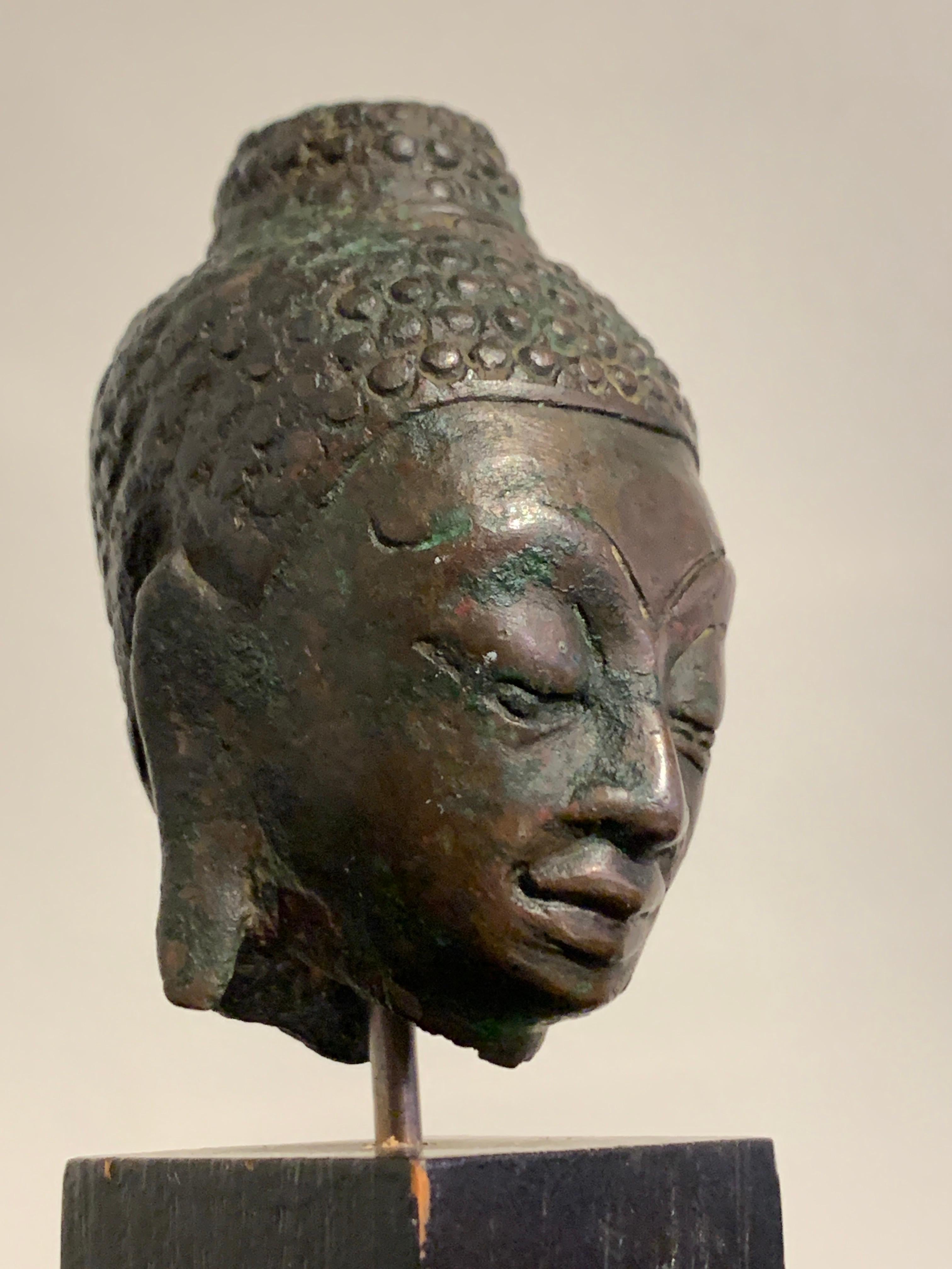 18th Century and Earlier Small Lao Lan Xang Bronze Buddha Head, 17th Century, Laos For Sale