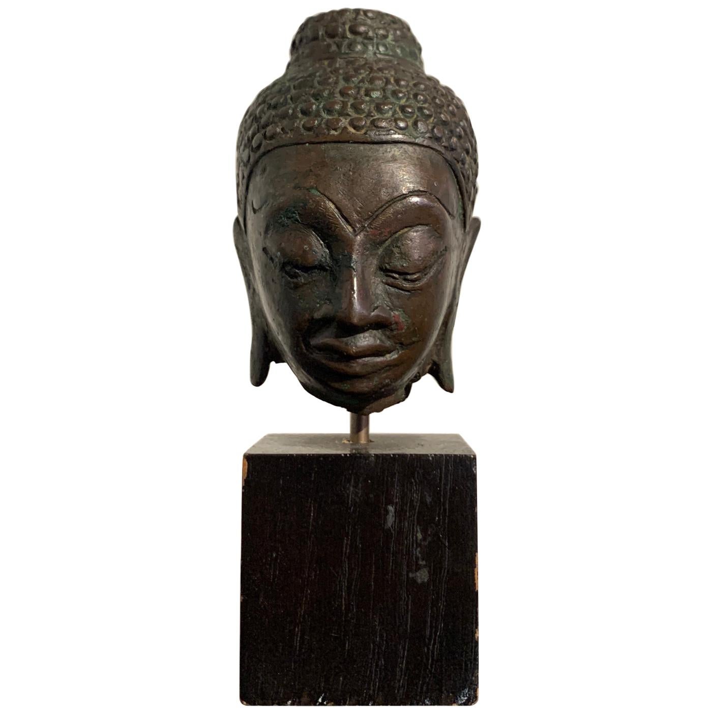 Small Lao Lan Xang Bronze Buddha Head, 17th Century, Laos For Sale