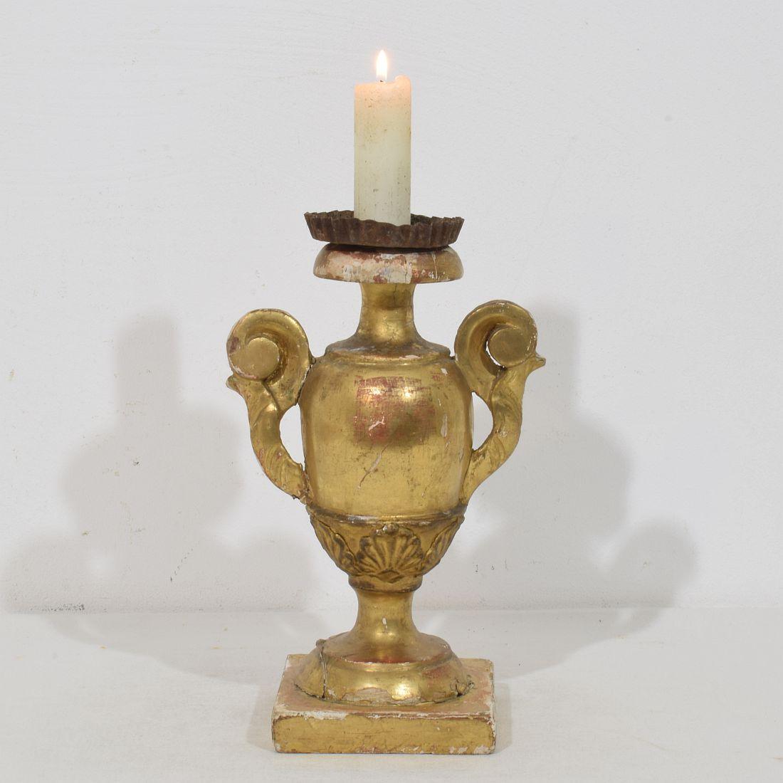 Great small wooden candleholder with its original gilding.
Very nice type candleholder and rare to find.
Italy, circa 1780-1800.
Weathered, small losses and repair.
H:29cm  W:16,5cm D:11,5cm 