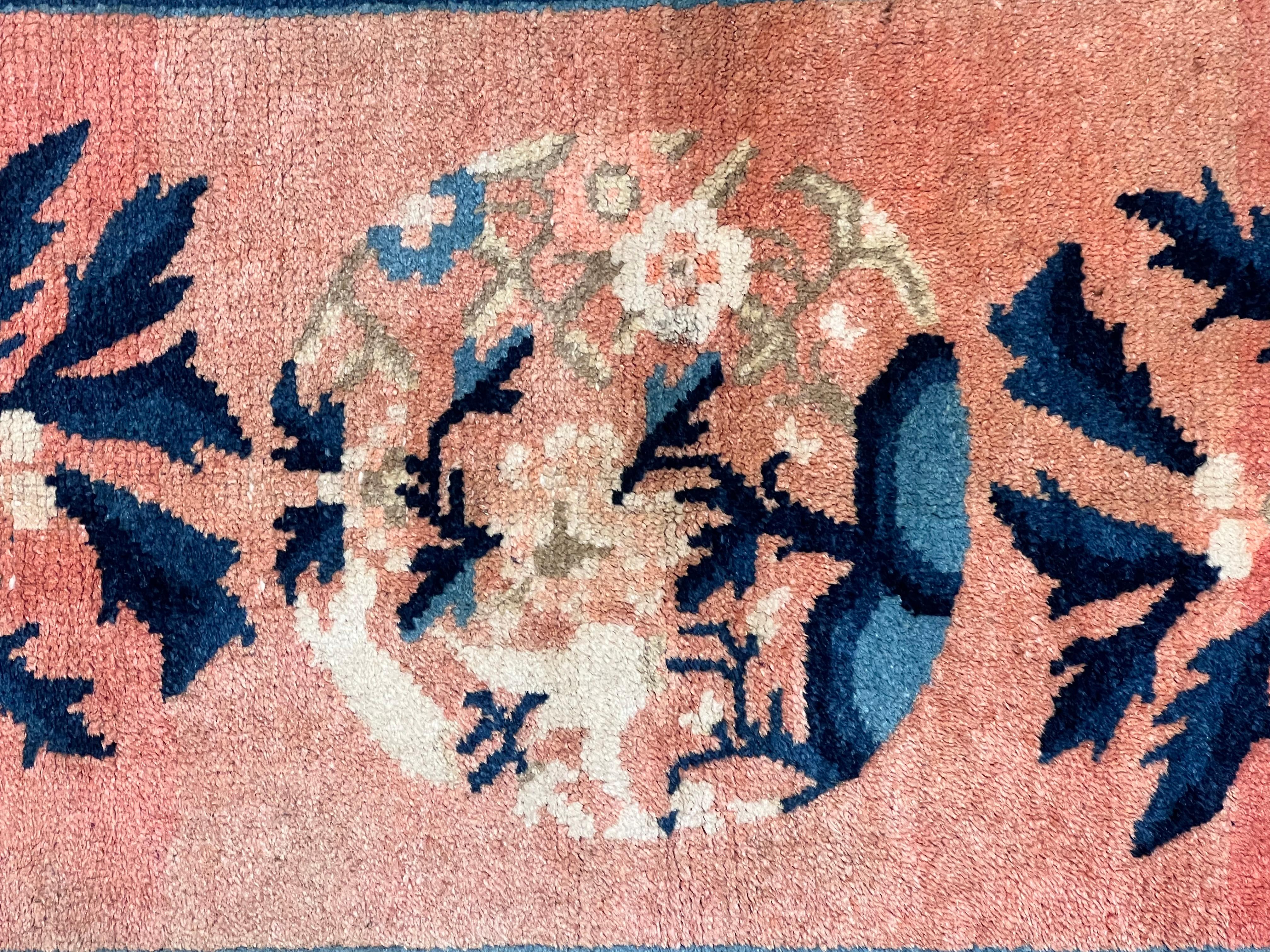 Chinoiserie Small Late 19th Century Chinese Carpet with Salmon Pink Ground For Sale