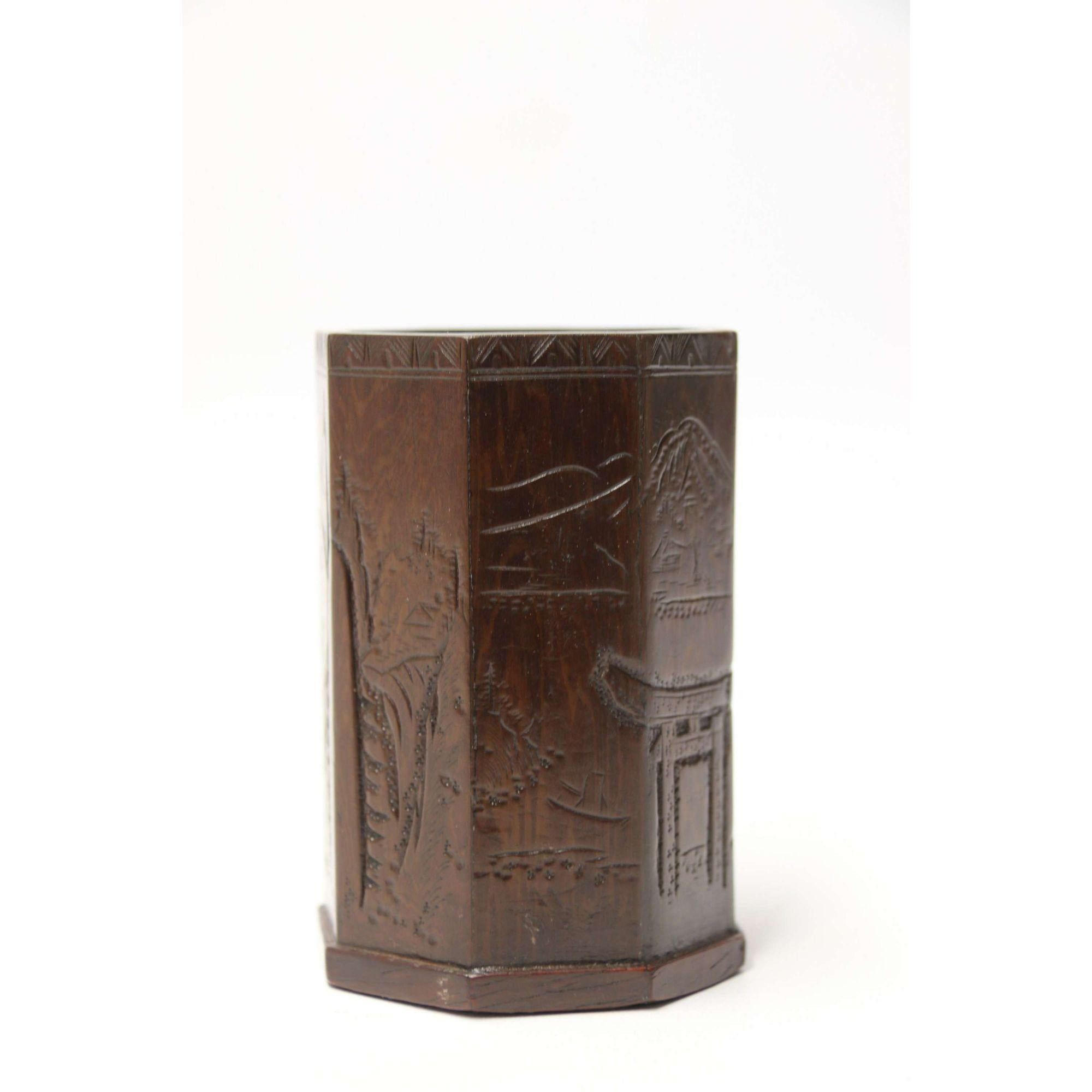 Small Late 19th Century Chinese Carved Hardwood Brush Pot For Sale 5