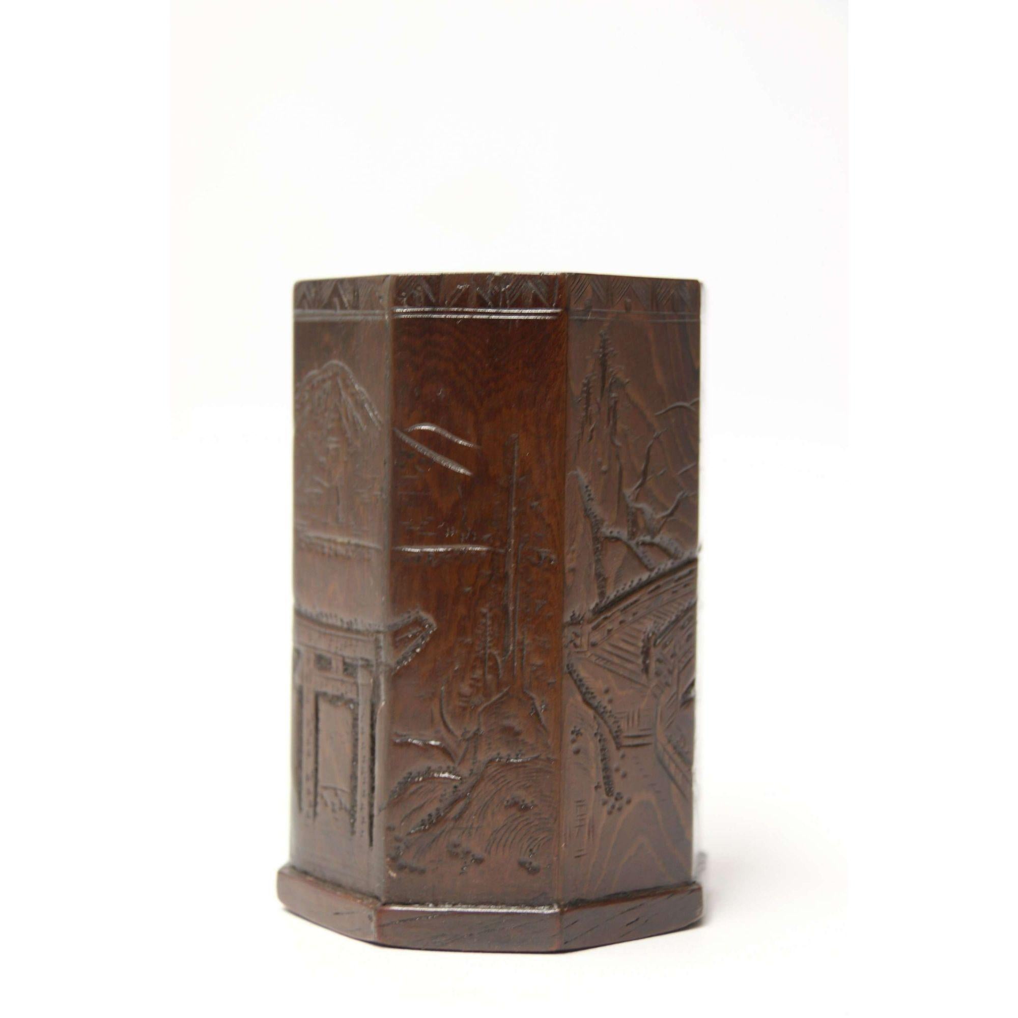 Small Late 19th Century Chinese Carved Hardwood Brush Pot In Good Condition For Sale In Central England, GB