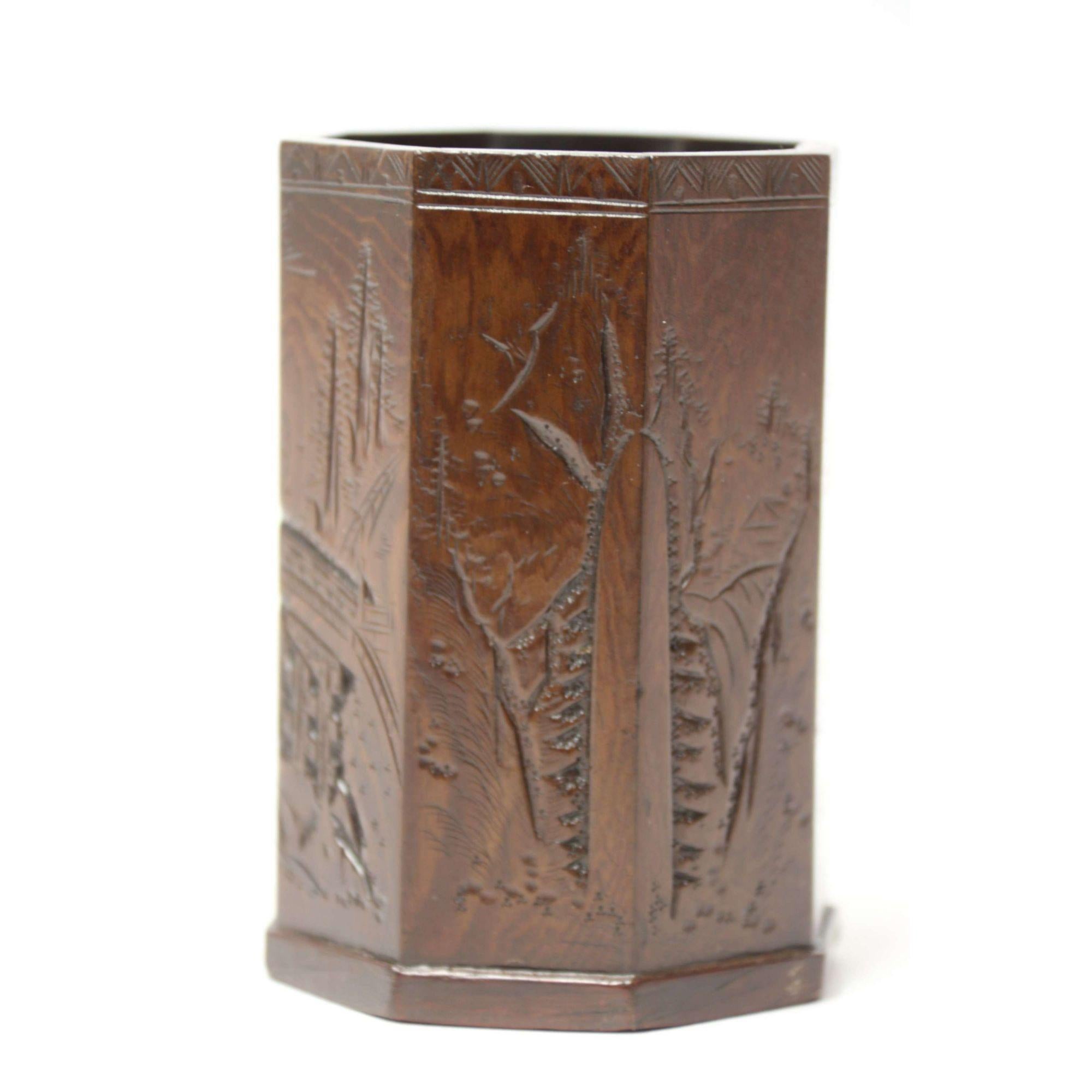 Small Late 19th Century Chinese Carved Hardwood Brush Pot For Sale 3