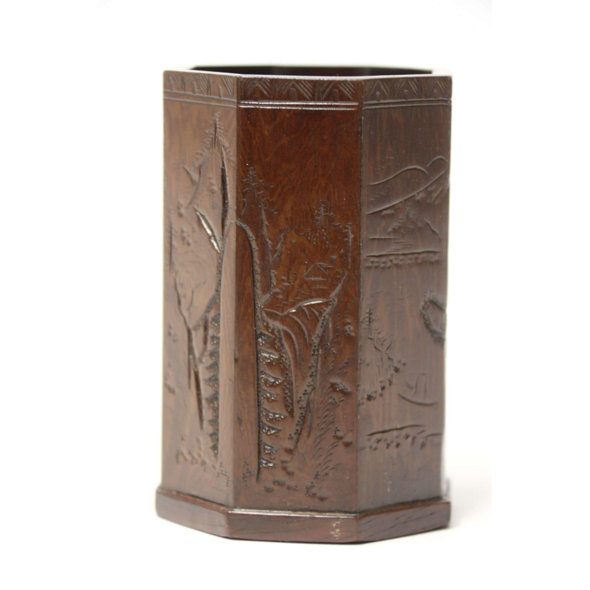 Small Late 19th Century Chinese Carved Hardwood Brush Pot For Sale 4