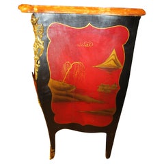 small late 19th century English red lacquered Chinoiserie marble top commode