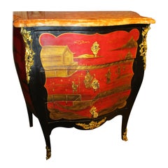 small late 19th century English red lacquered Chinoiserie marble top commode