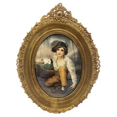 Small Late 19th Century Painting on Silk Depicting Boy and Rabbit in Oval Frame
