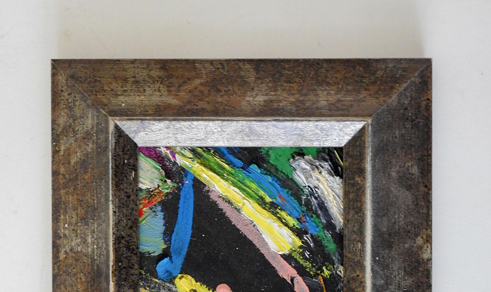 Small late 20th century acrylic on paper abstract painting in pink, yellow and black. Unsigned. Displayed in dark silver painted wood frame, scuffing to frame.