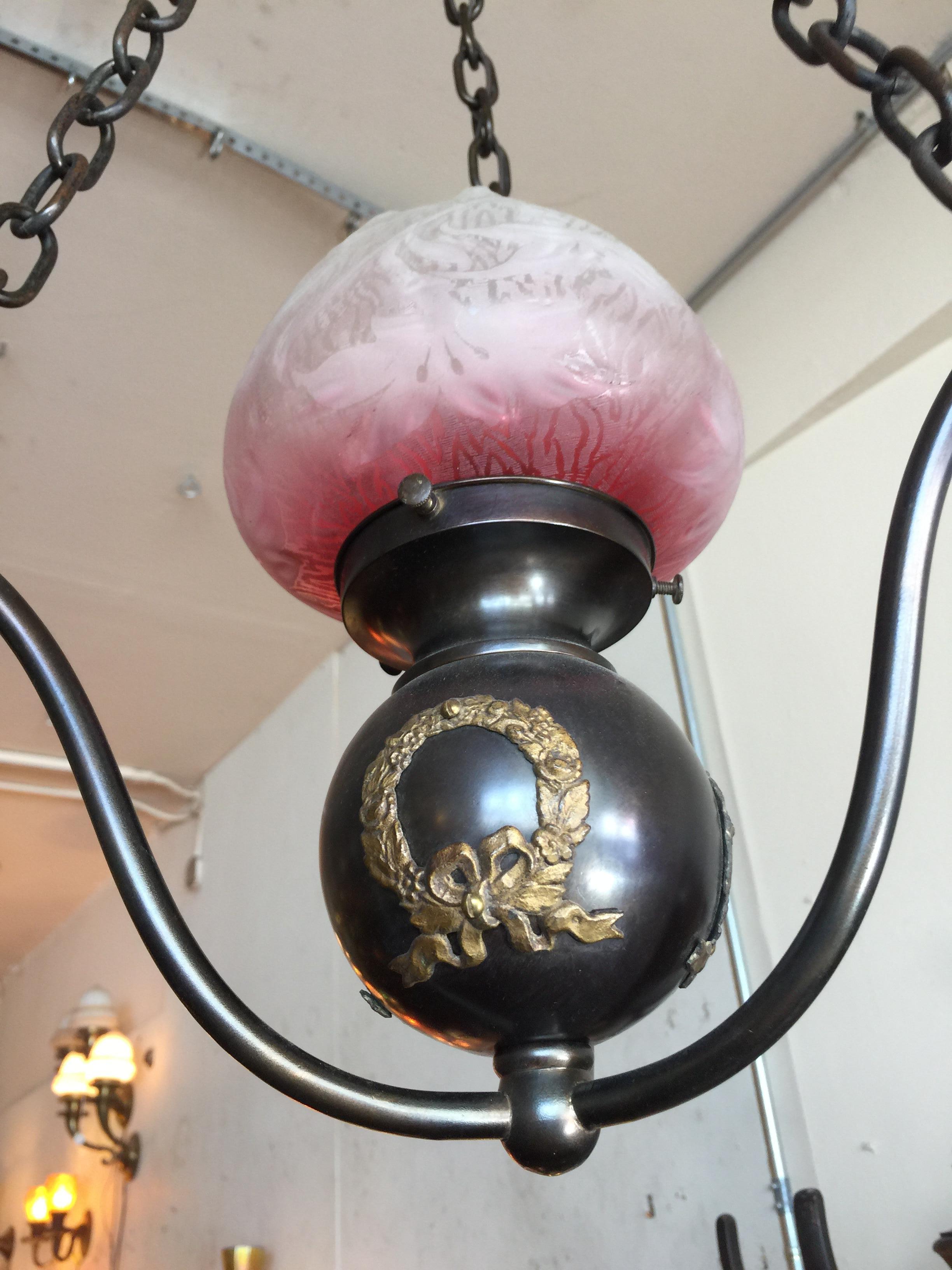Small Late Victorian Pendant with Etched Glass Shade, circa 1900 In Excellent Condition In Petaluma, CA