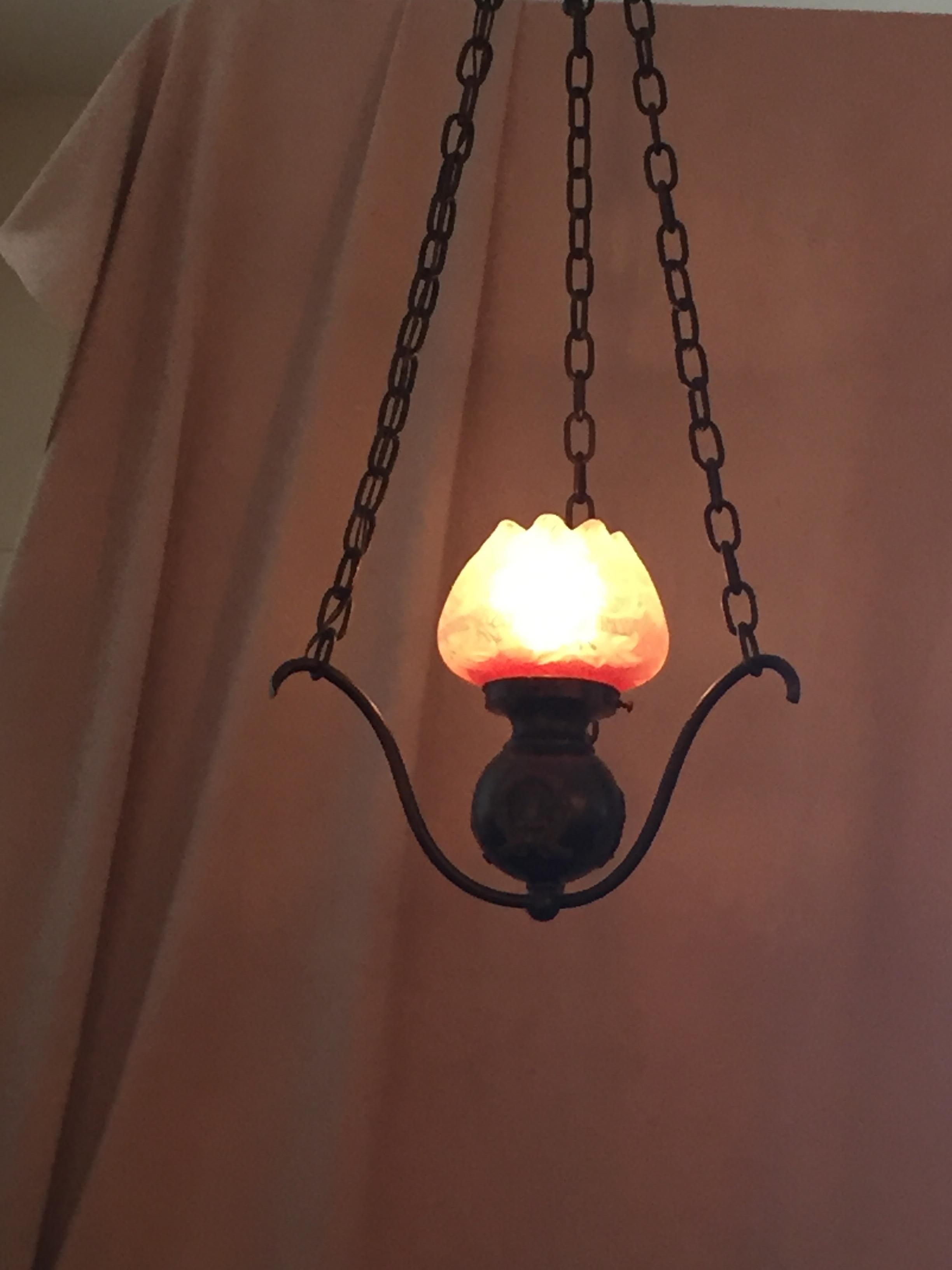 This sweet little pendant is perfect for a hallway entrance or any other small area you need a chandelier. The glass is deep etched and has a cranberry accent. Warm patina and that glass really make a wonderful little light for the home. The glass