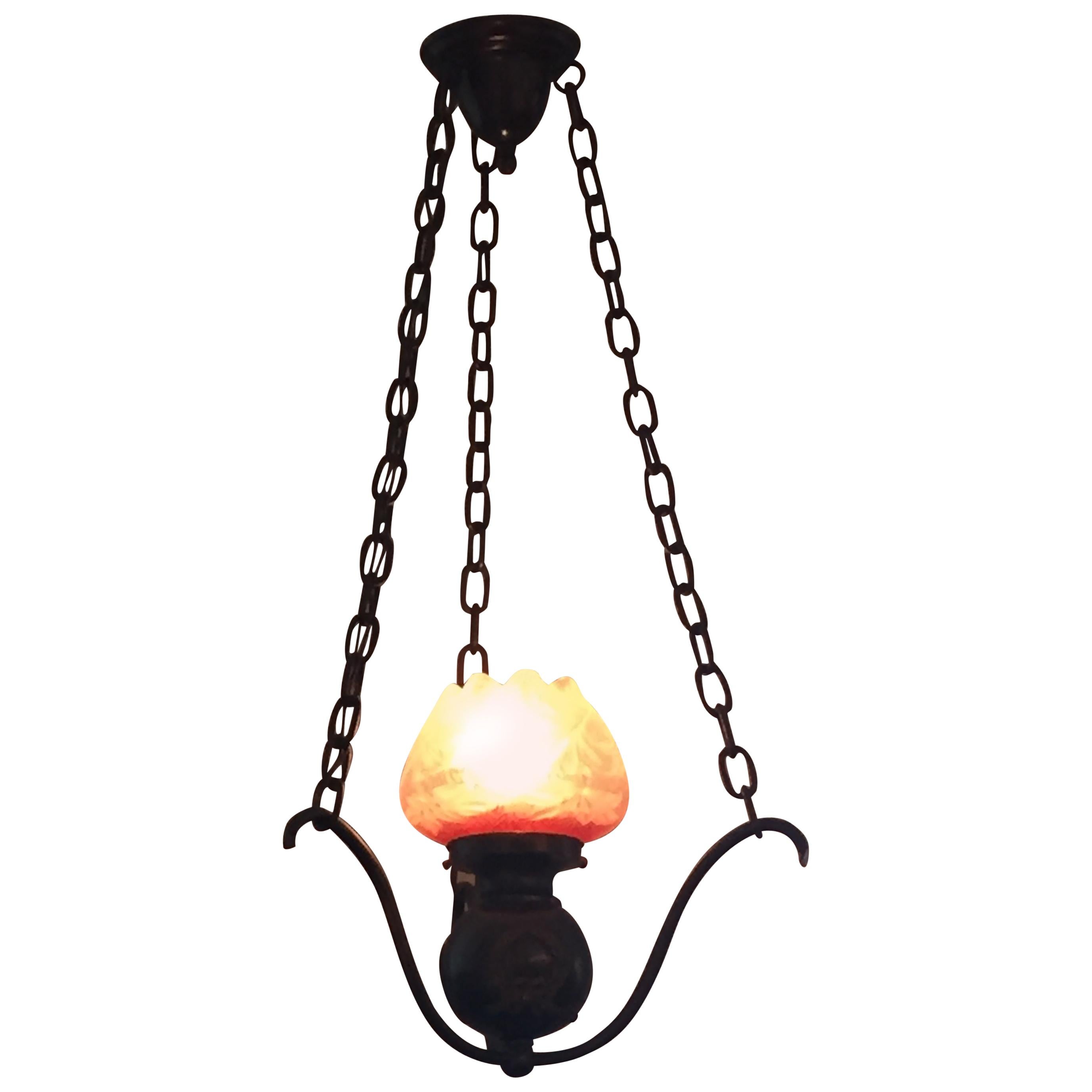 Small Late Victorian Pendant with Etched Glass Shade, circa 1900