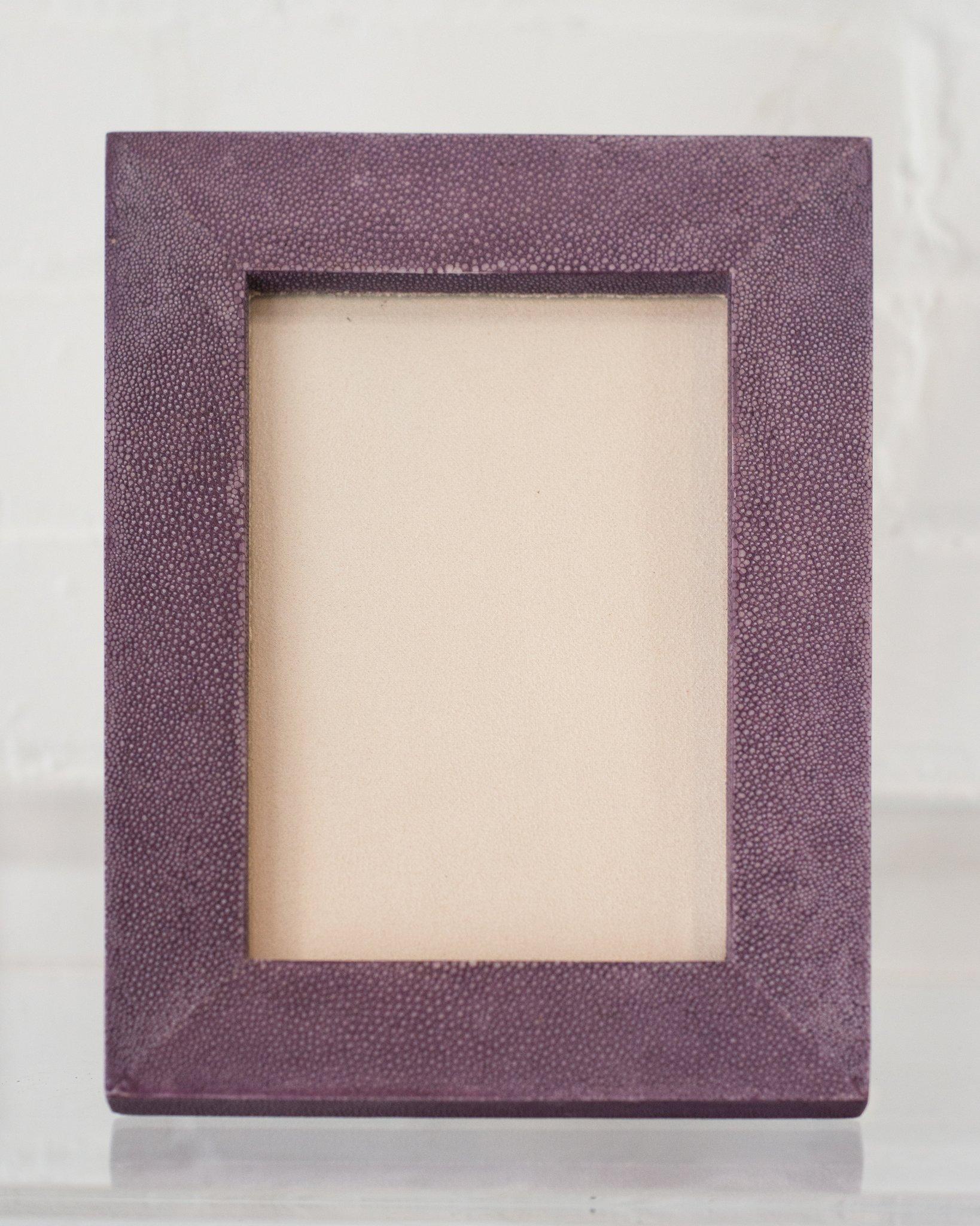 A small picture frame in lavender shagreen and walnut, backed in suede. Accommodates one 5 x 7