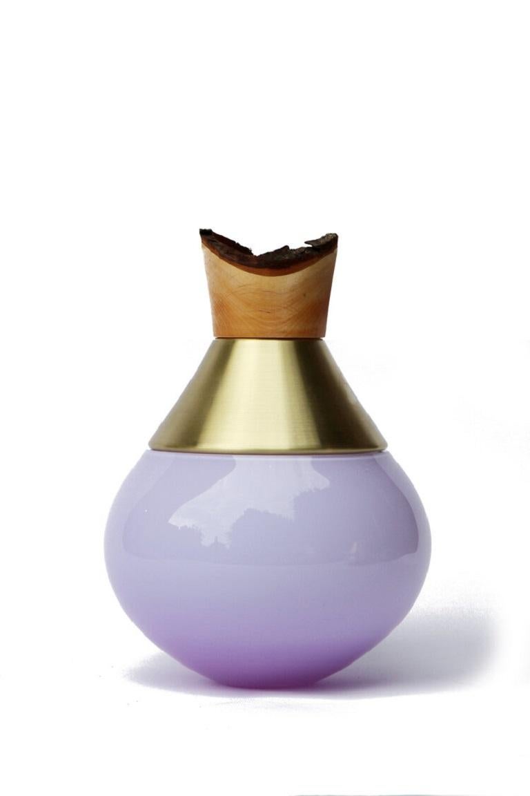 Small lavender India vessel II, Pia Wüstenberg
Dimensions: D 18 x H 25
Materials: glass, wood, metal
Available in other metals: brass, copper, aluminum, rust

Handmade in Europe, by individual craftsmen: handblown glass (Czech Republic), hand