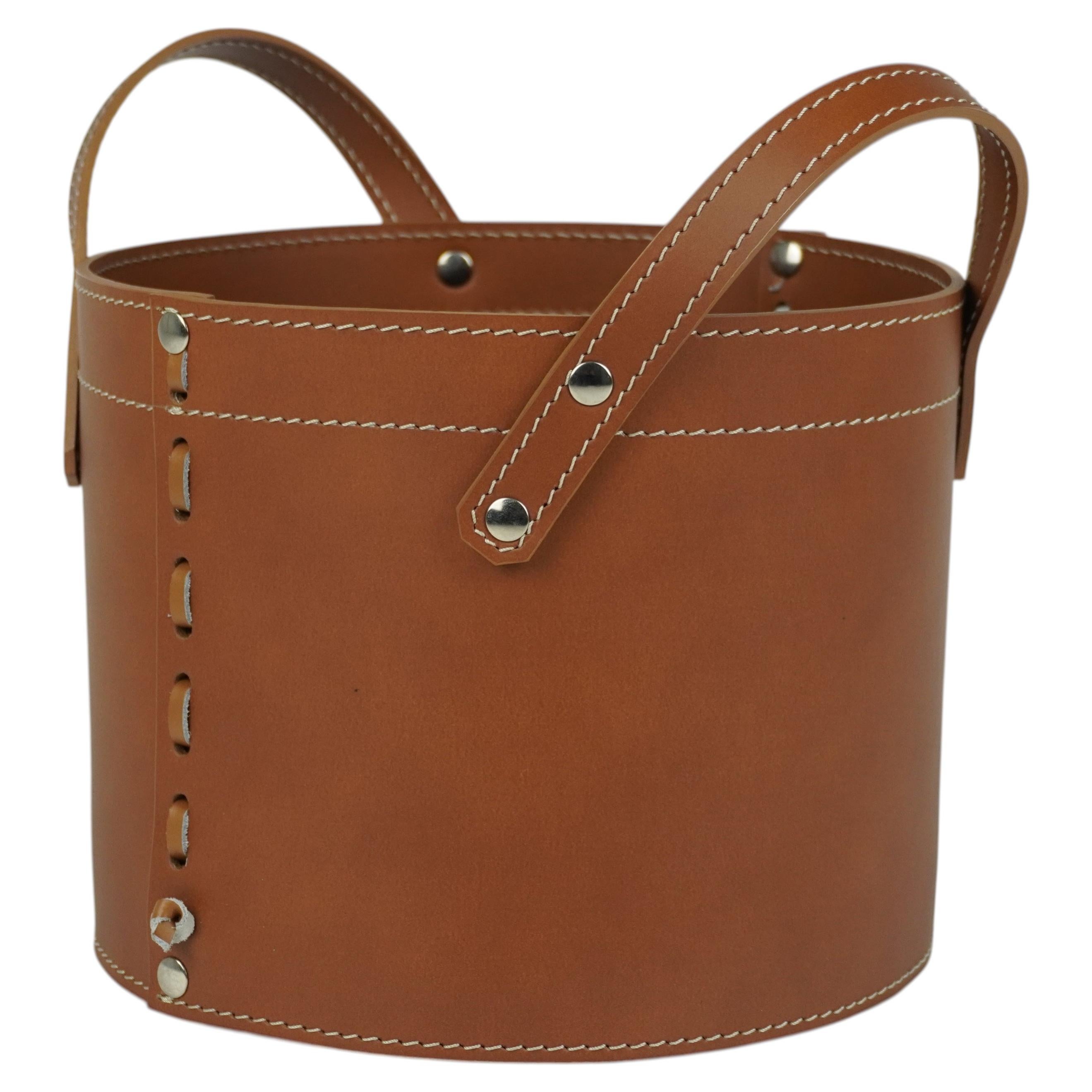 Modern Small Leather Basket with Handles PORTHOS - Diameter 24 cm