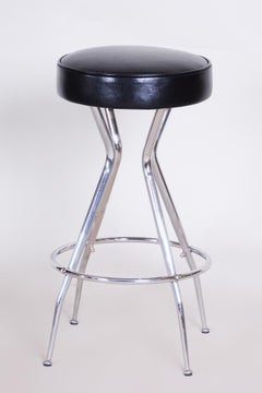 Small Leather Black Barstool, Made in the 1930s