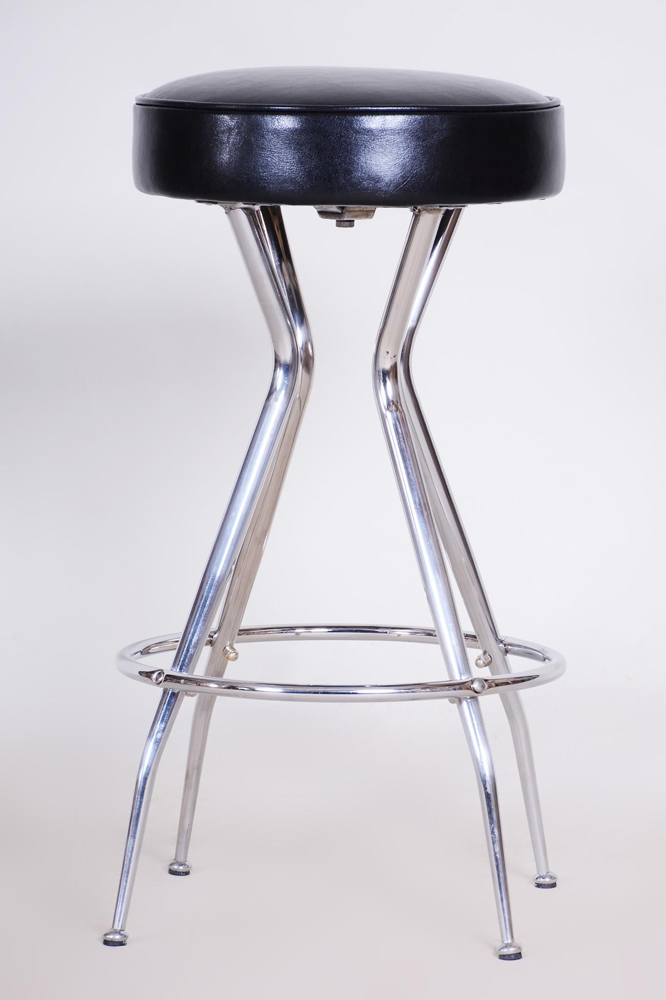 Art Deco Small Leather Black Barstool, Made in the 1930s For Sale