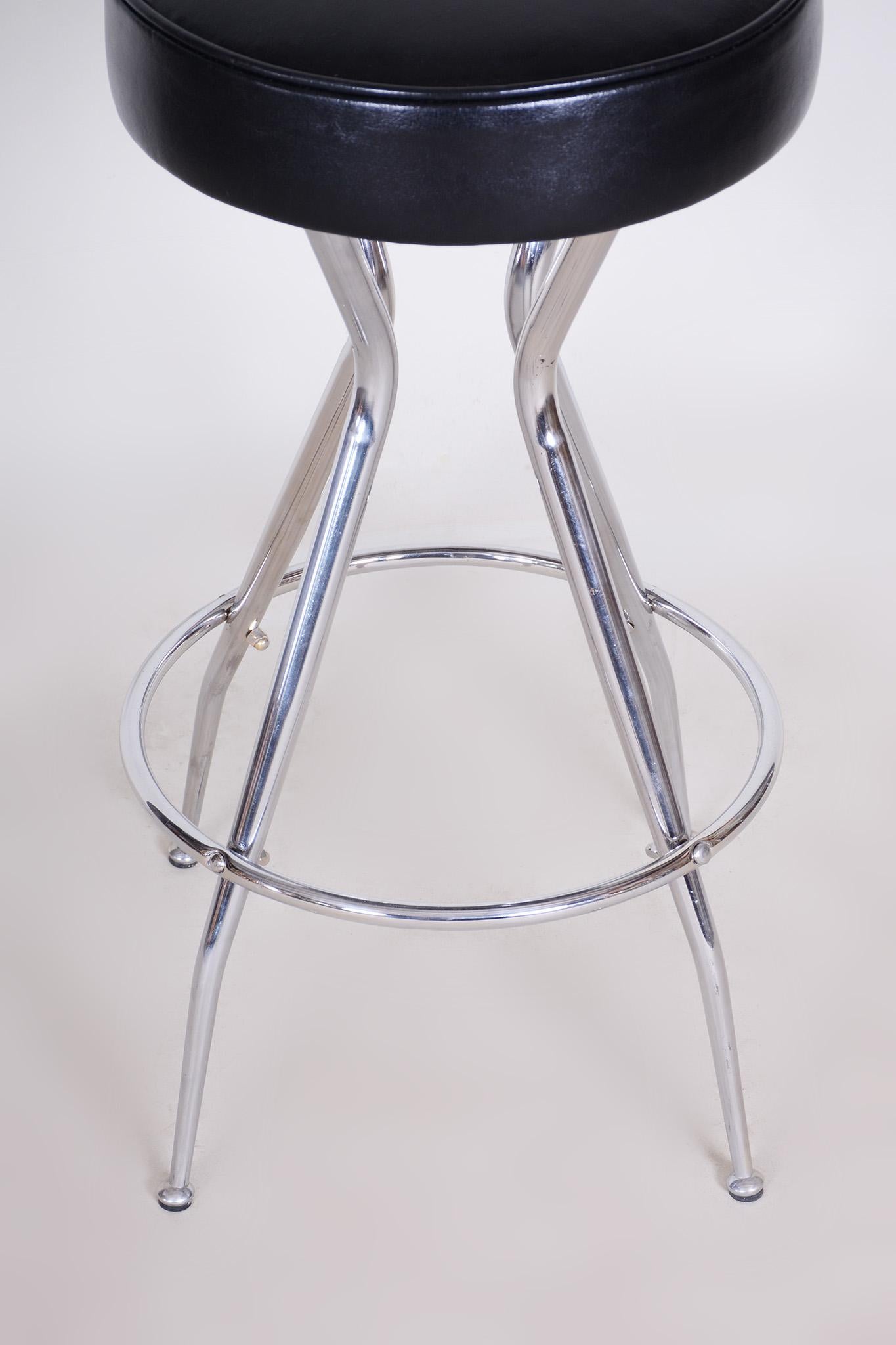 Czech Small Leather Black Barstool, Made in the 1930s For Sale