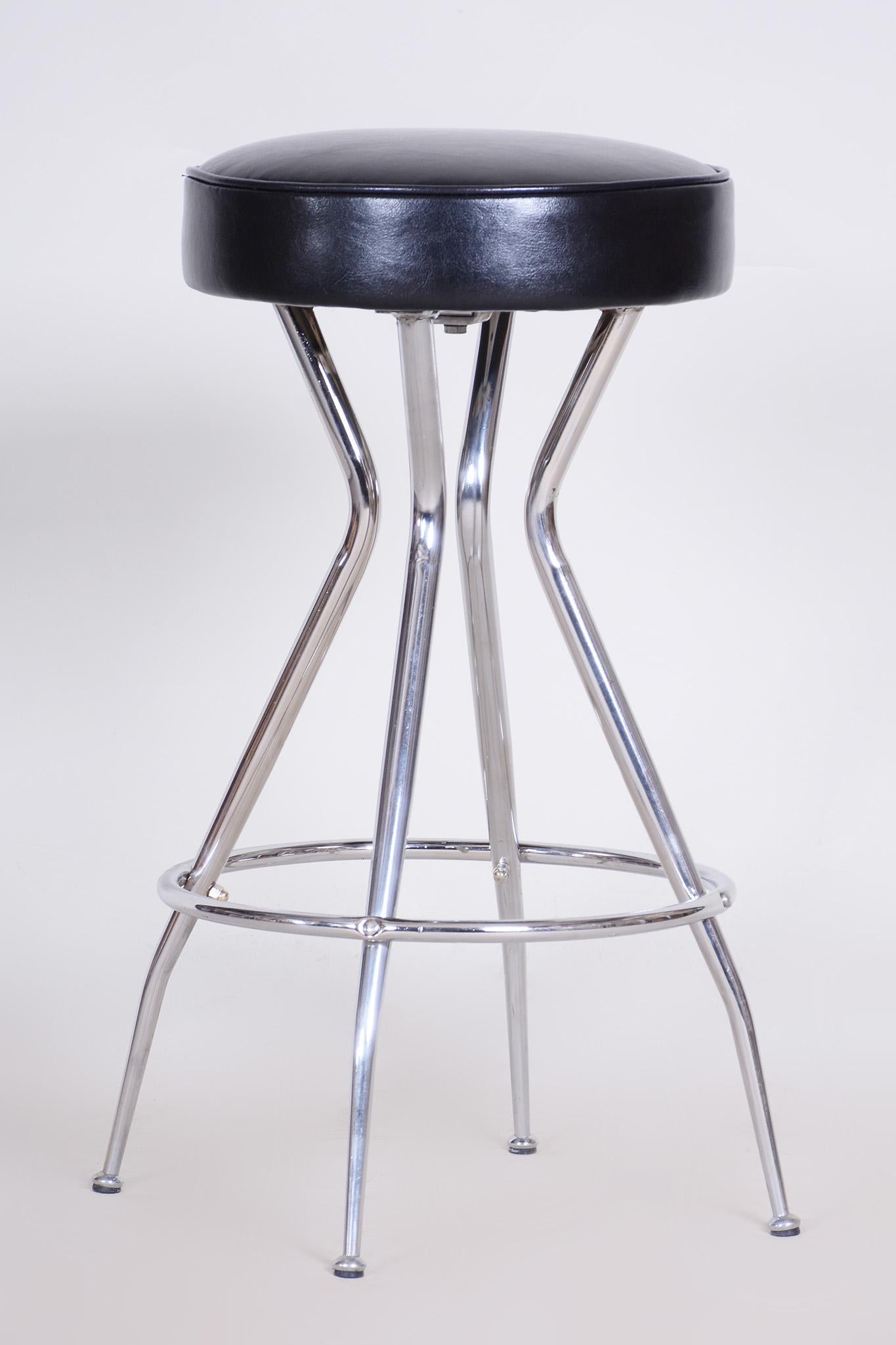 Steel Small Leather Black Barstool, Made in the 1930s For Sale
