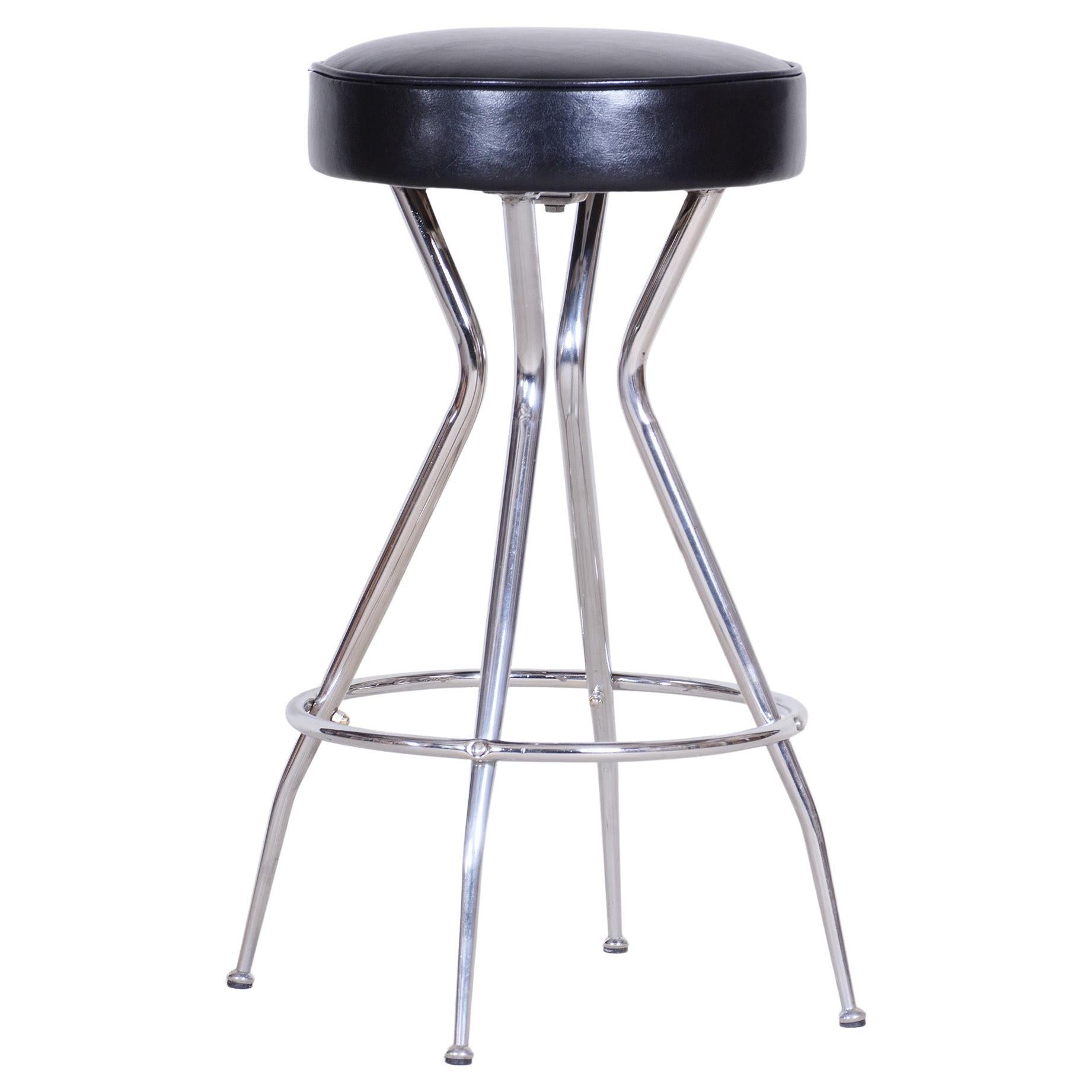 Small Leather Black Barstool, Made in the 1930s For Sale