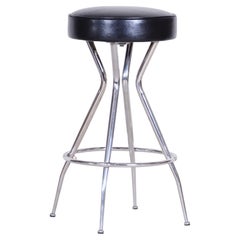 Small Leather Black Barstool, Made in the 1930s