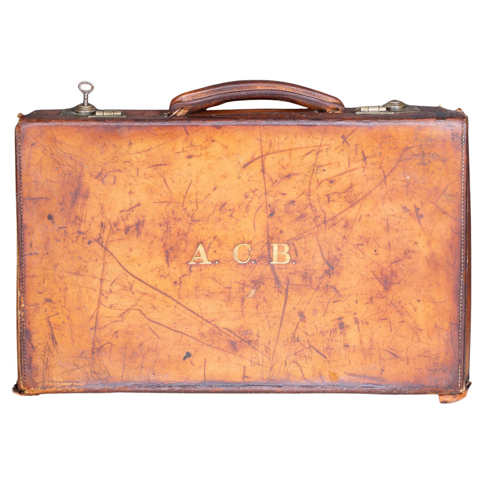Small Leather Monogrammed Briefcase with Original Travel Tag c.1940