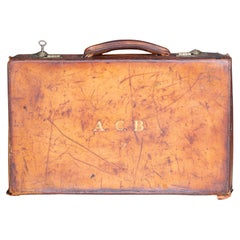 Antique Small Leather Monogrammed Briefcase with Original Travel Tag c.1940