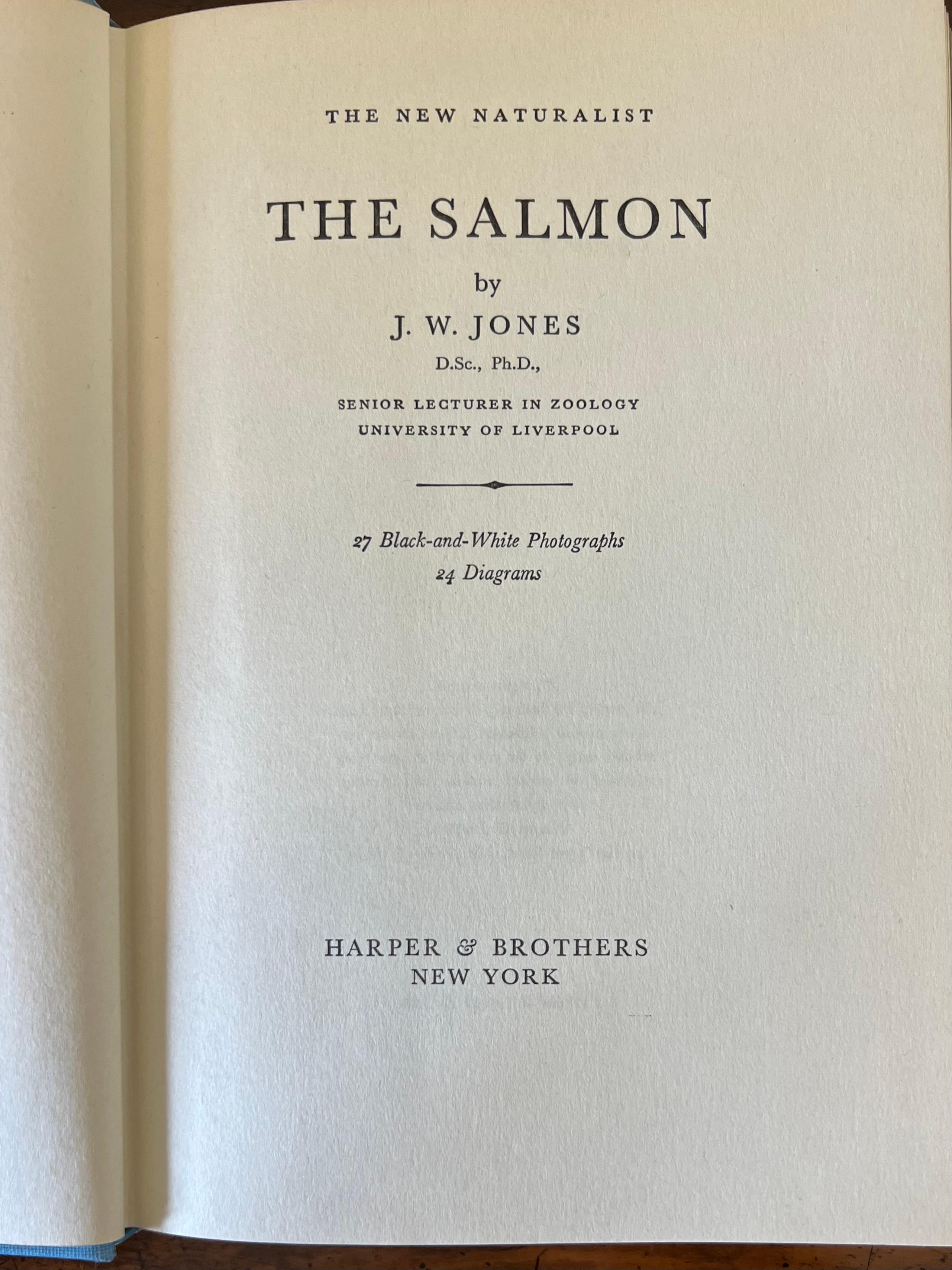 This library of 10 books (mostly 1st Editions) contains 3 volumes with dust jackets: 
Nymph Fishing in Practice by Oliver Kite, London Herbert Jenkins (reprinted 1969) 
The Salmon by J. W. Jones, 1st Edition Harper & Brothers, NY 1959
A Modern