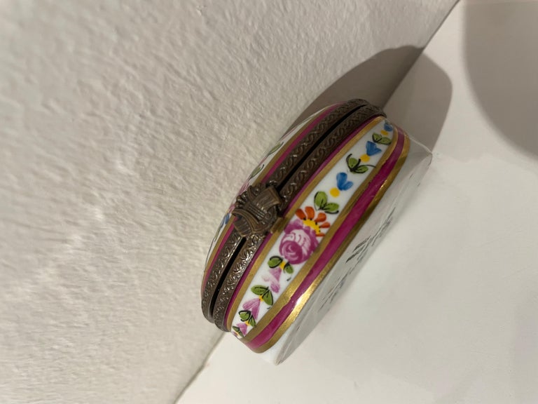 Small Limoge Oval Box with Hand Painted Flowers For Sale at 1stDibs
