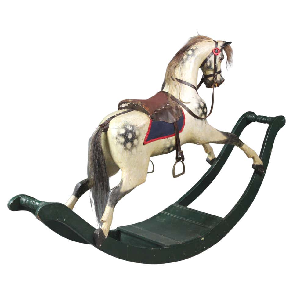 Antique Primitive Rocking Horse on Wooden Trestle Base, Large at ...