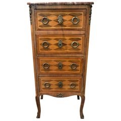 Small Lingerie Chest, Louis XV Style in Diamond Wood Inlay with Marble Top