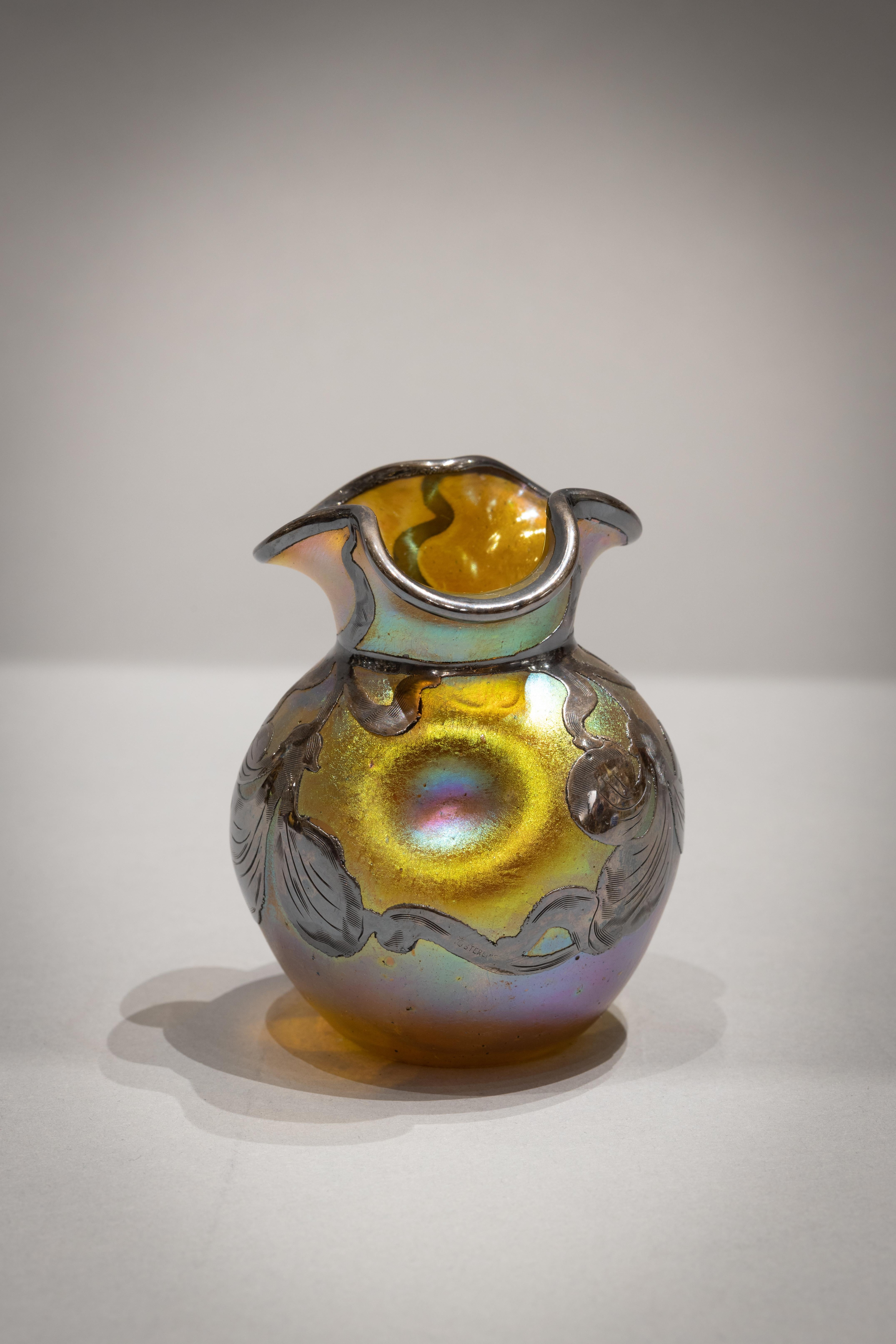 Small loetz silver overlay lustrous amber vase, circa 1900.