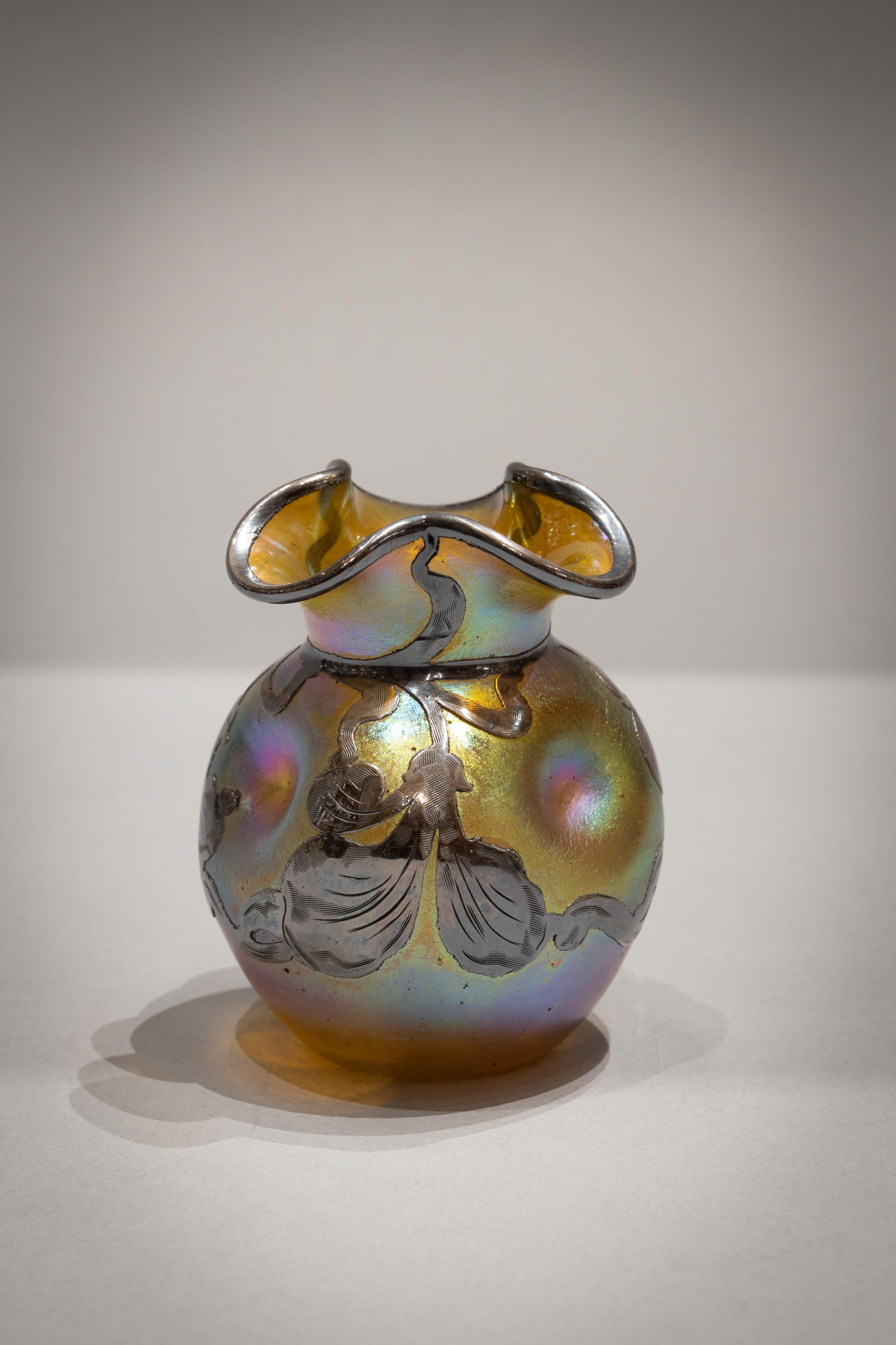 Austrian Small Loetz Silver Overlay Lustrous Amber Vase, circa 1900 For Sale