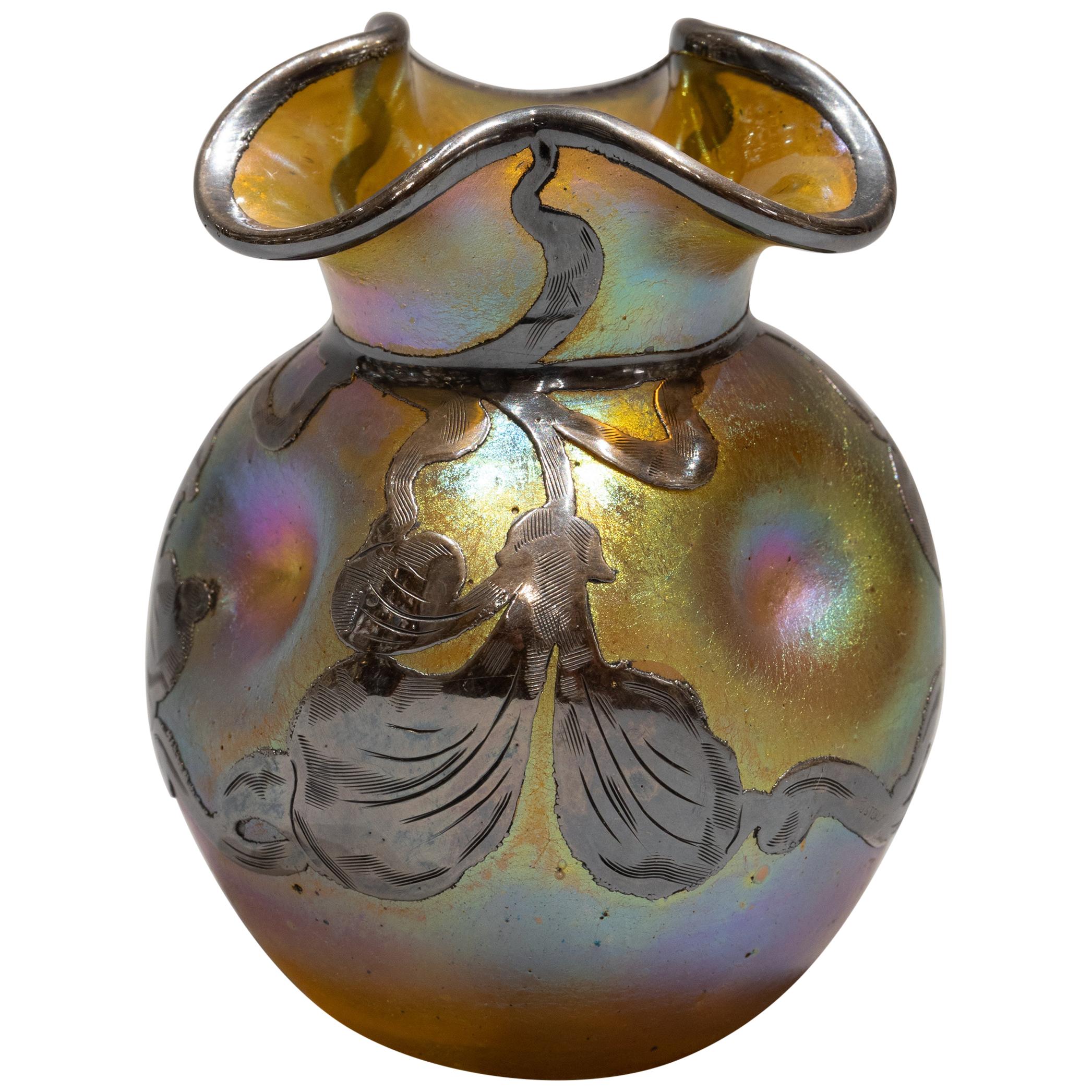 Small Loetz Silver Overlay Lustrous Amber Vase, circa 1900 For Sale