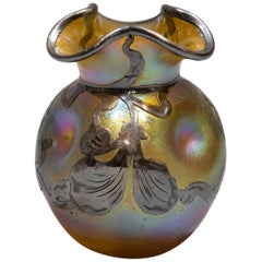 Antique Small Loetz Silver Overlay Lustrous Amber Vase, circa 1900