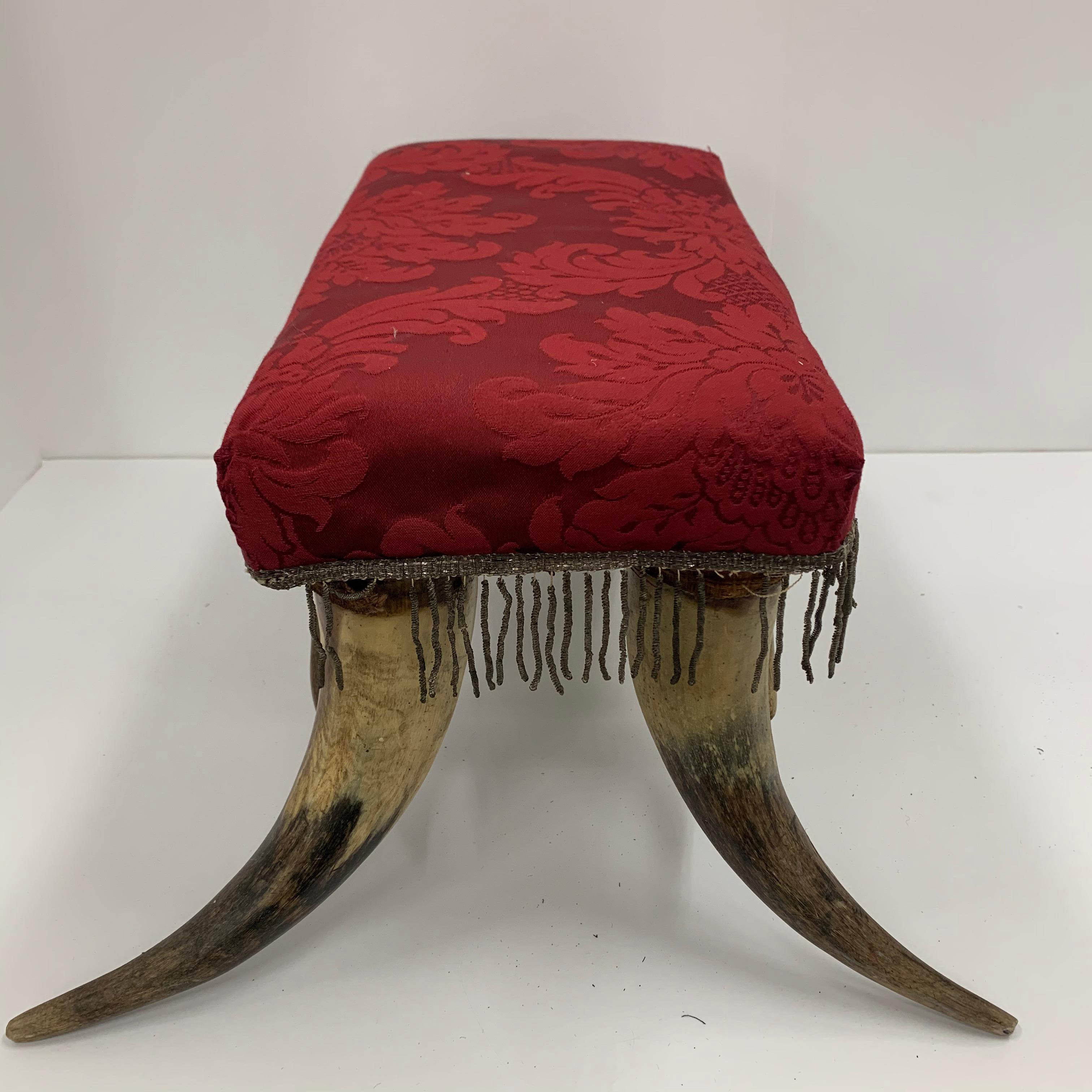 20th Century Small Longhorn Footstool with Red Fabric