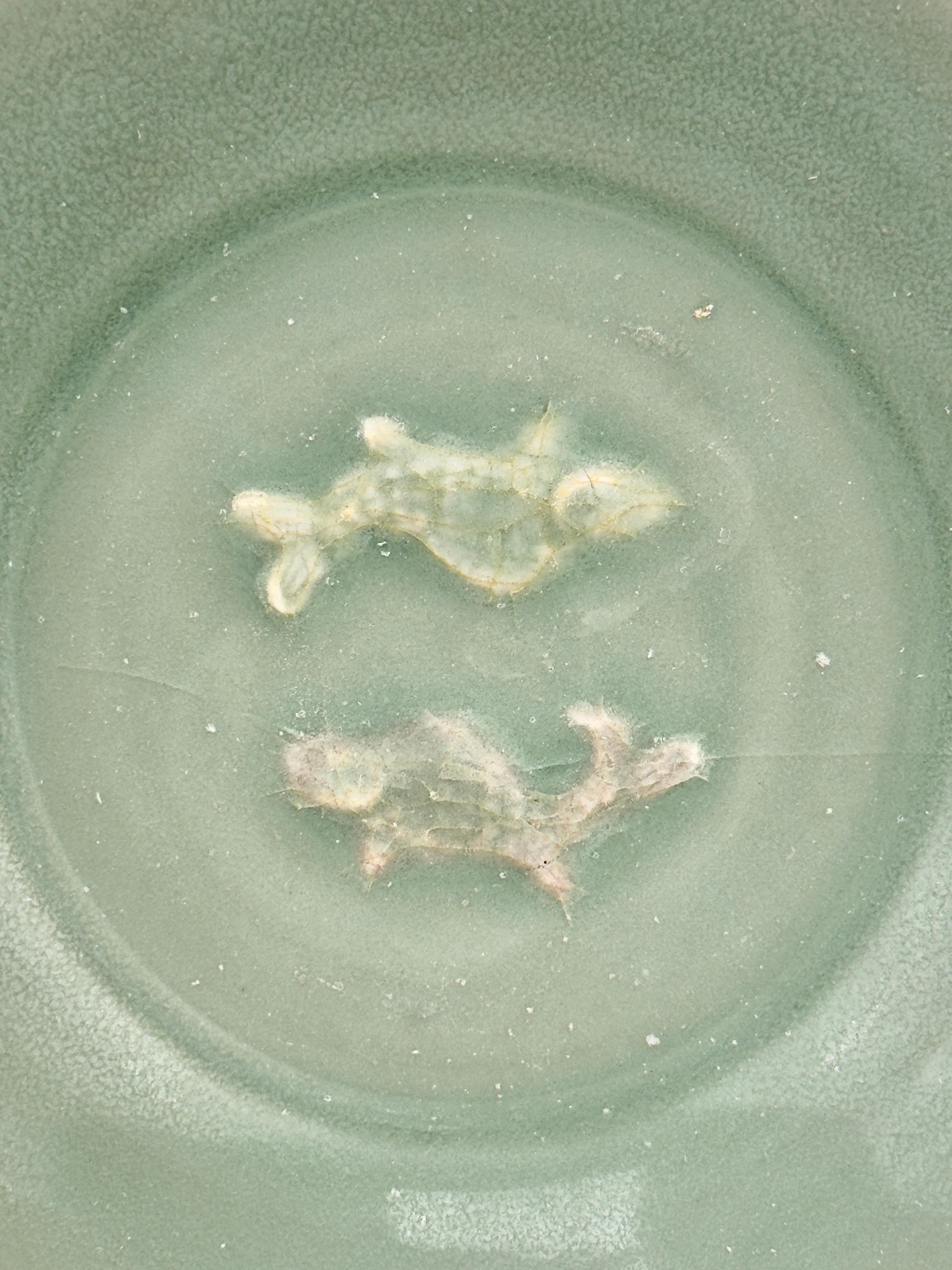 18th Century and Earlier Small Longquan Celadon 'Twin Fish' Dish, Southern Song Dynasty For Sale