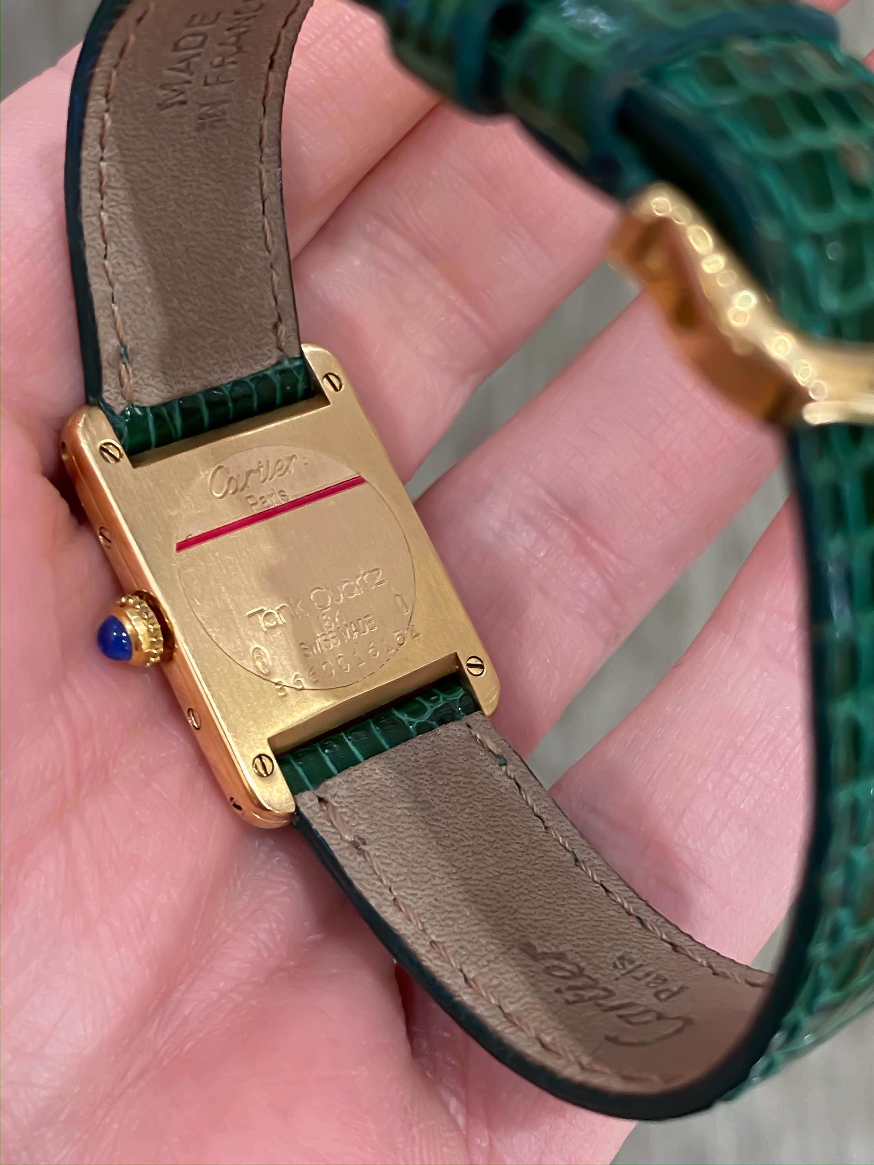 Piccolo Tank Louis Cartier Cinturino in pelle verde, Quarzo, Oro 18 carati, Garanzia 1