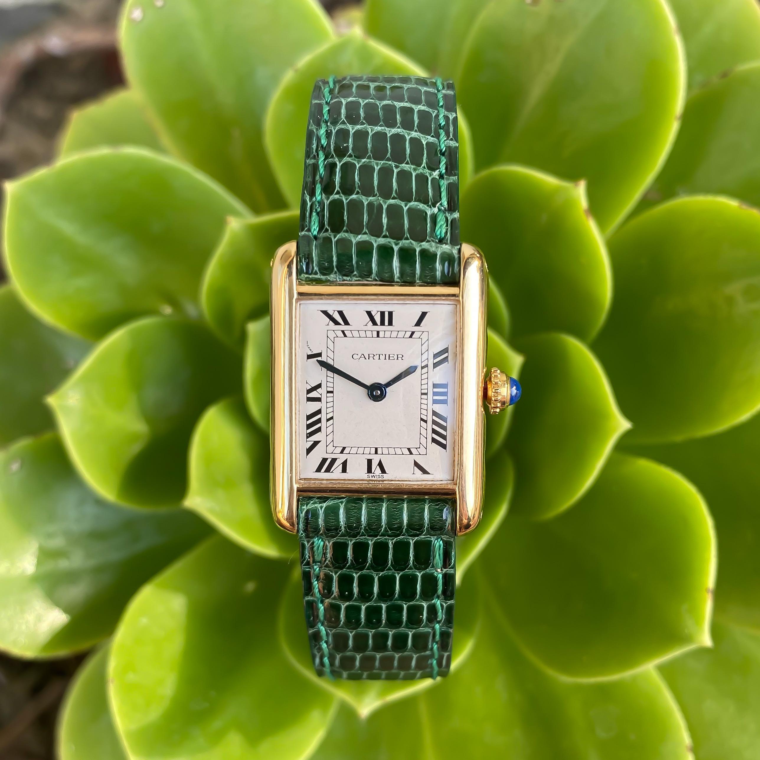 Piccolo Tank Louis Cartier Cinturino in pelle verde, Quarzo, Oro 18 carati, Garanzia 3