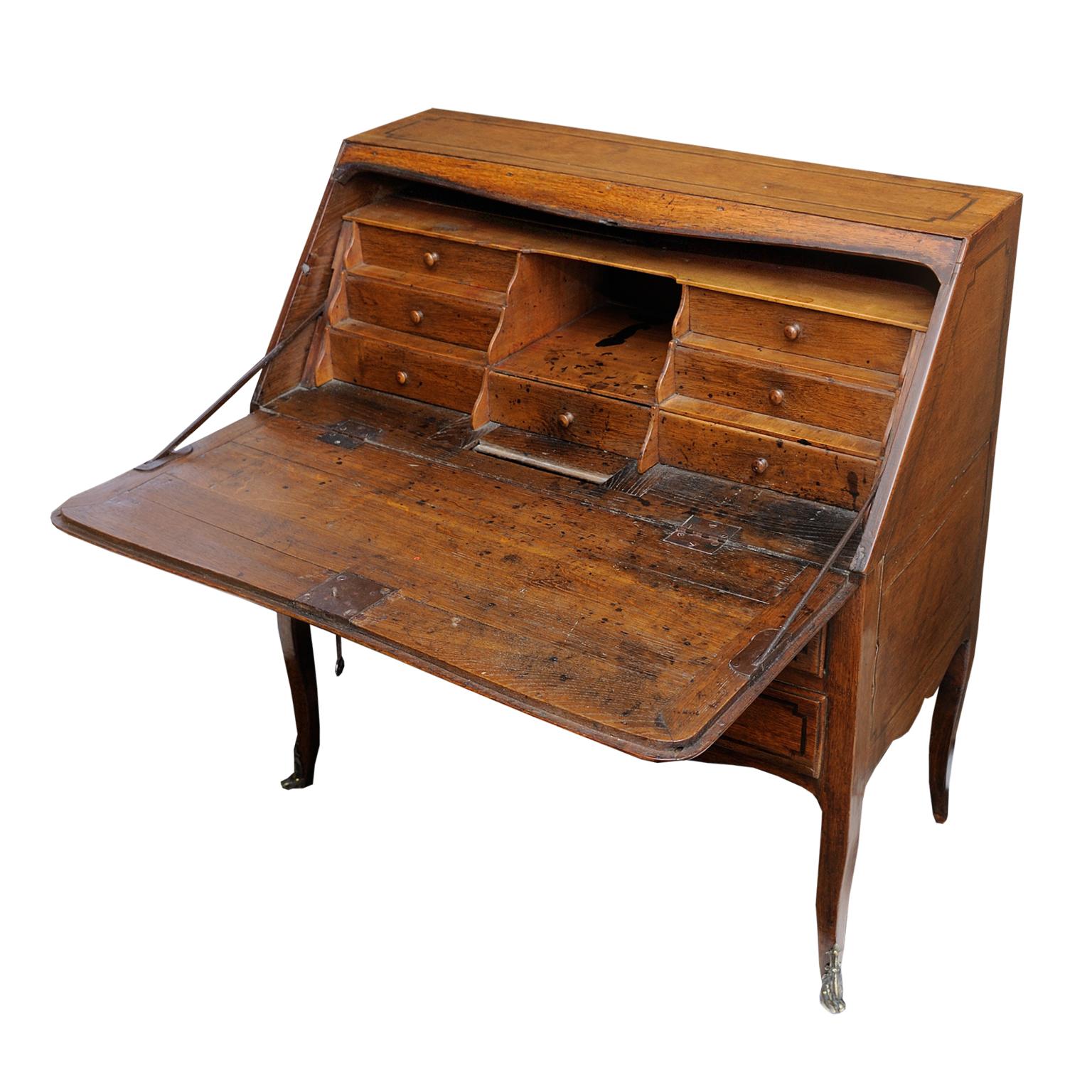 French Small Louis XV Oak and Inlaid 18th Century Bureau, circa 1750 For Sale