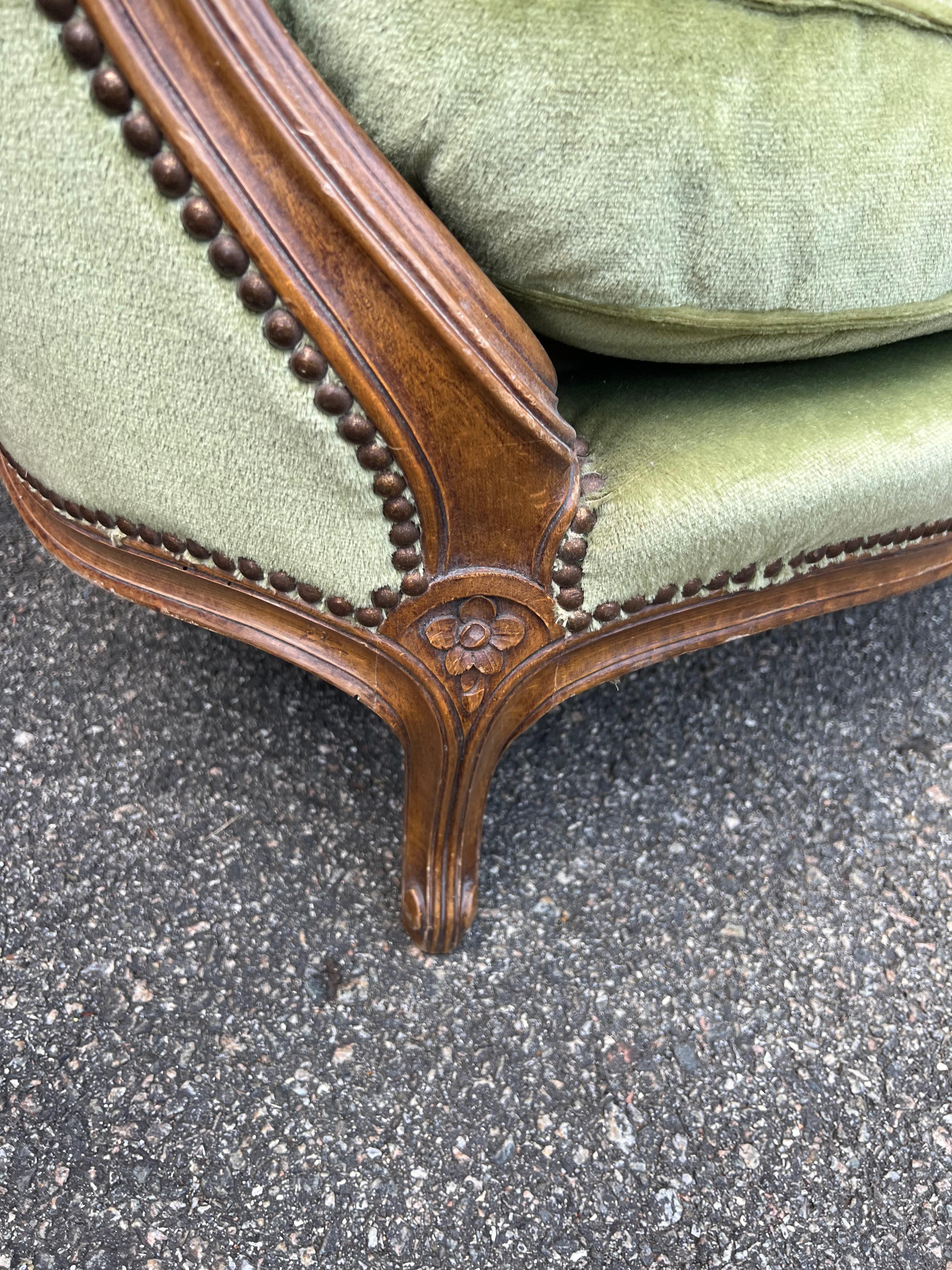 Small Louis XV Style Sette and Matching Pair of Armchairs in Green Velvet 4