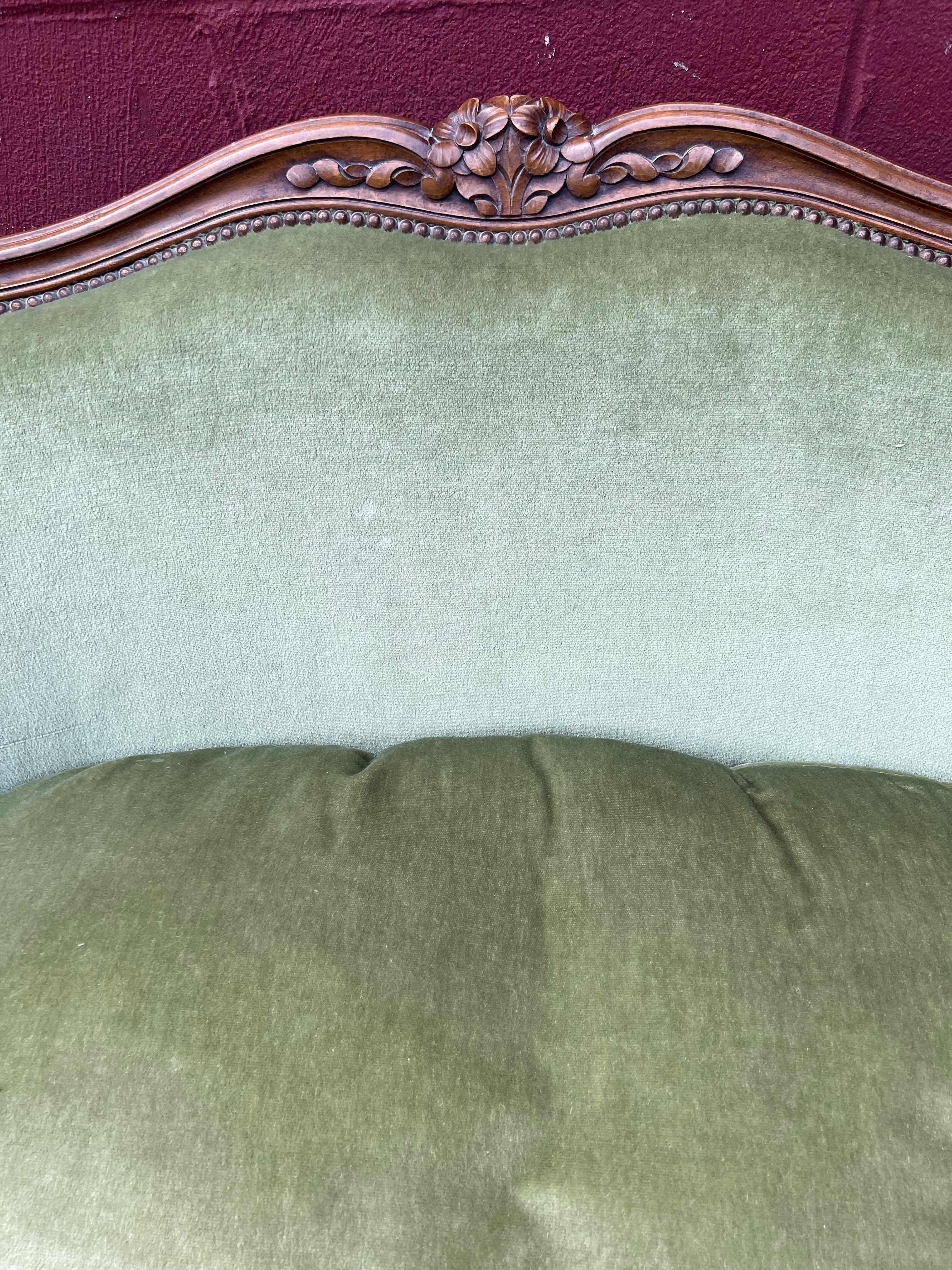 Small Louis XV Style Sette and Matching Pair of Armchairs in Green Velvet 5