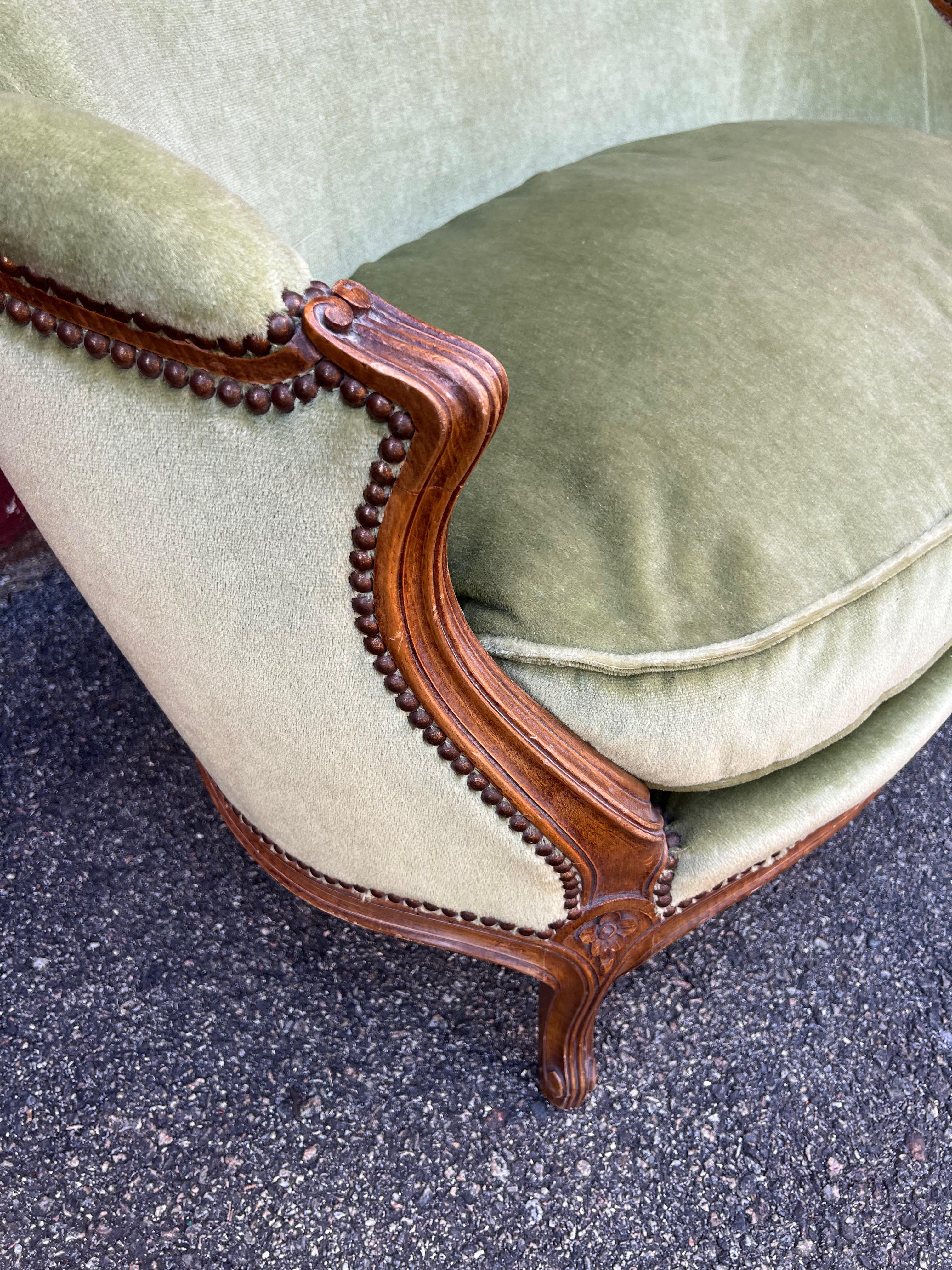 Small Louis XV Style Sette and Matching Pair of Armchairs in Green Velvet 6
