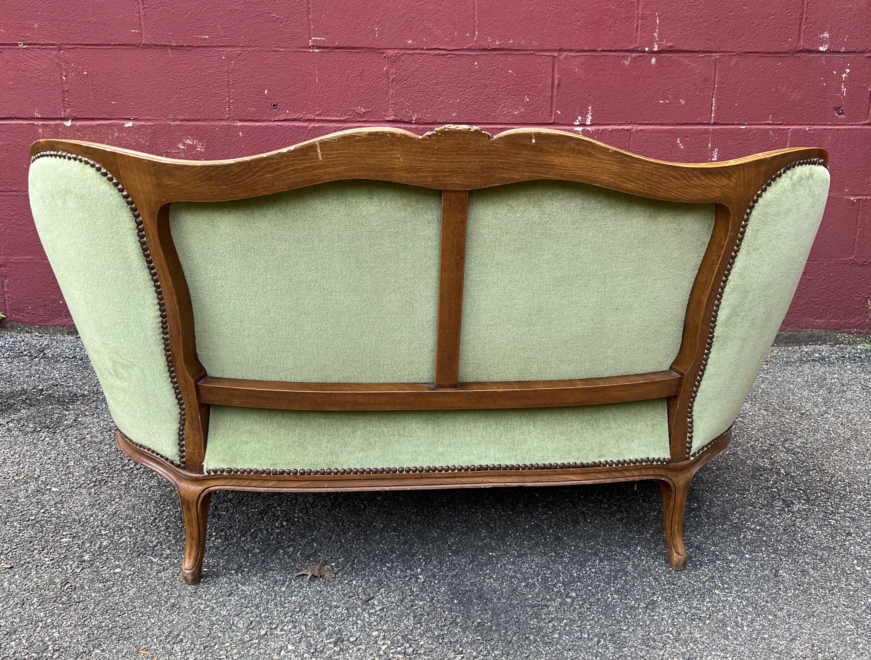 Fruitwood Small Louis XV Style Sette and Matching Pair of Armchairs in Green Velvet