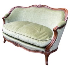 Small Louis XV Style Sette and Matching Pair of Armchairs in Green Velvet